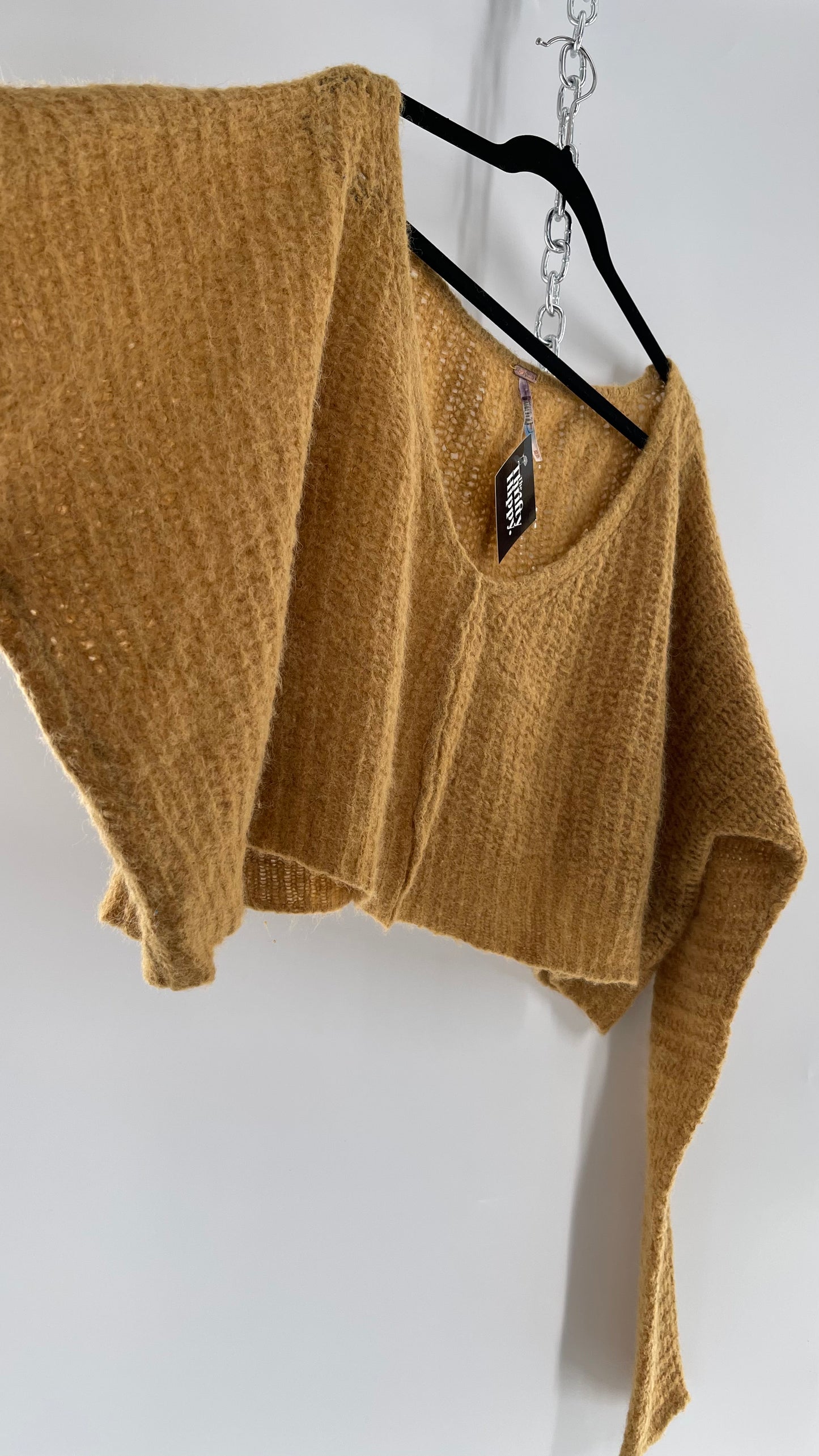 Free People Mustard Knit Cropped Sweater (XS) 88% Alpaca Fur