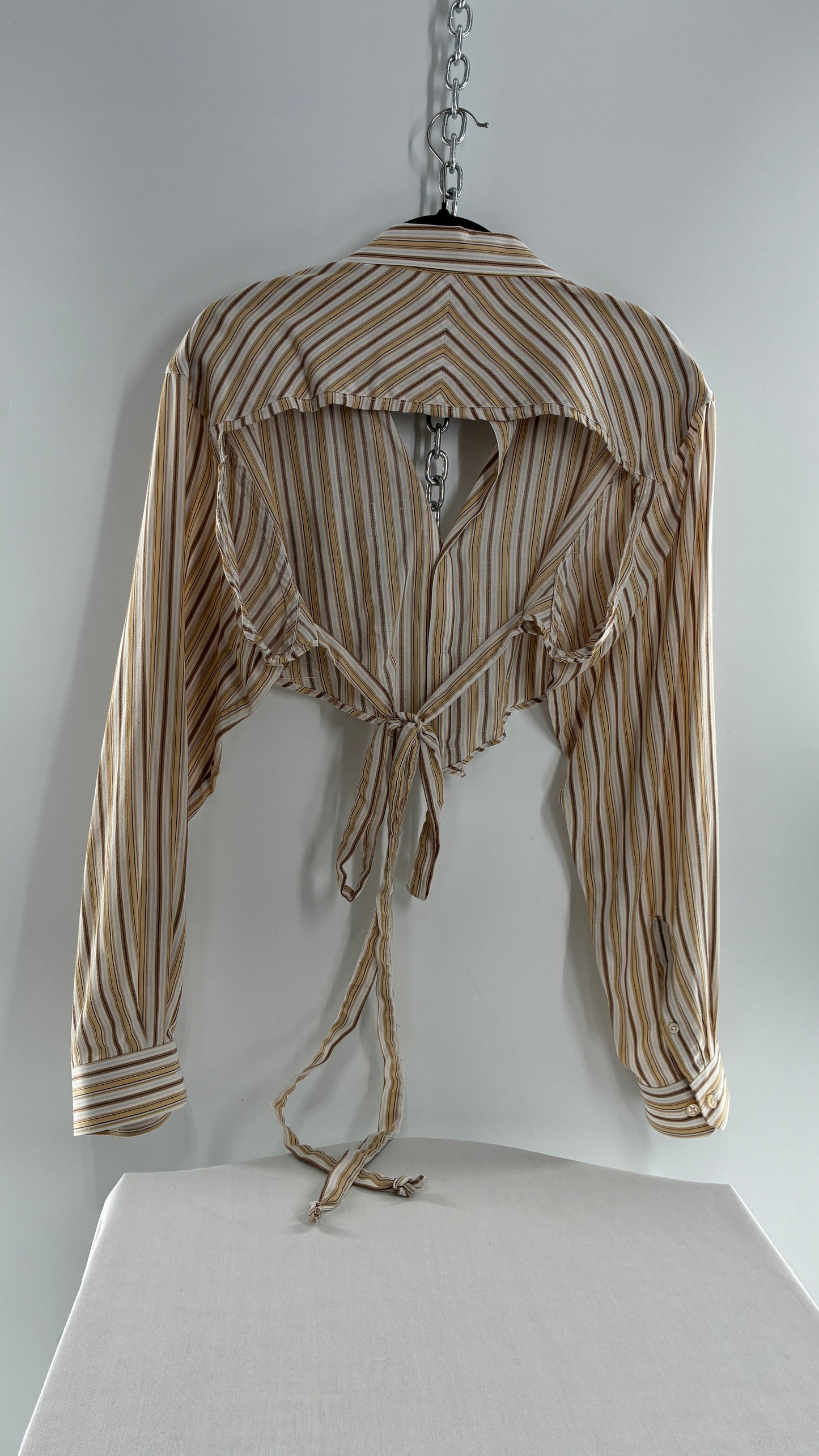 Vintage VAN HEUSEN Reworked Button Front Backless Mustard Yellow, Brown Striped Blouse (One Size)