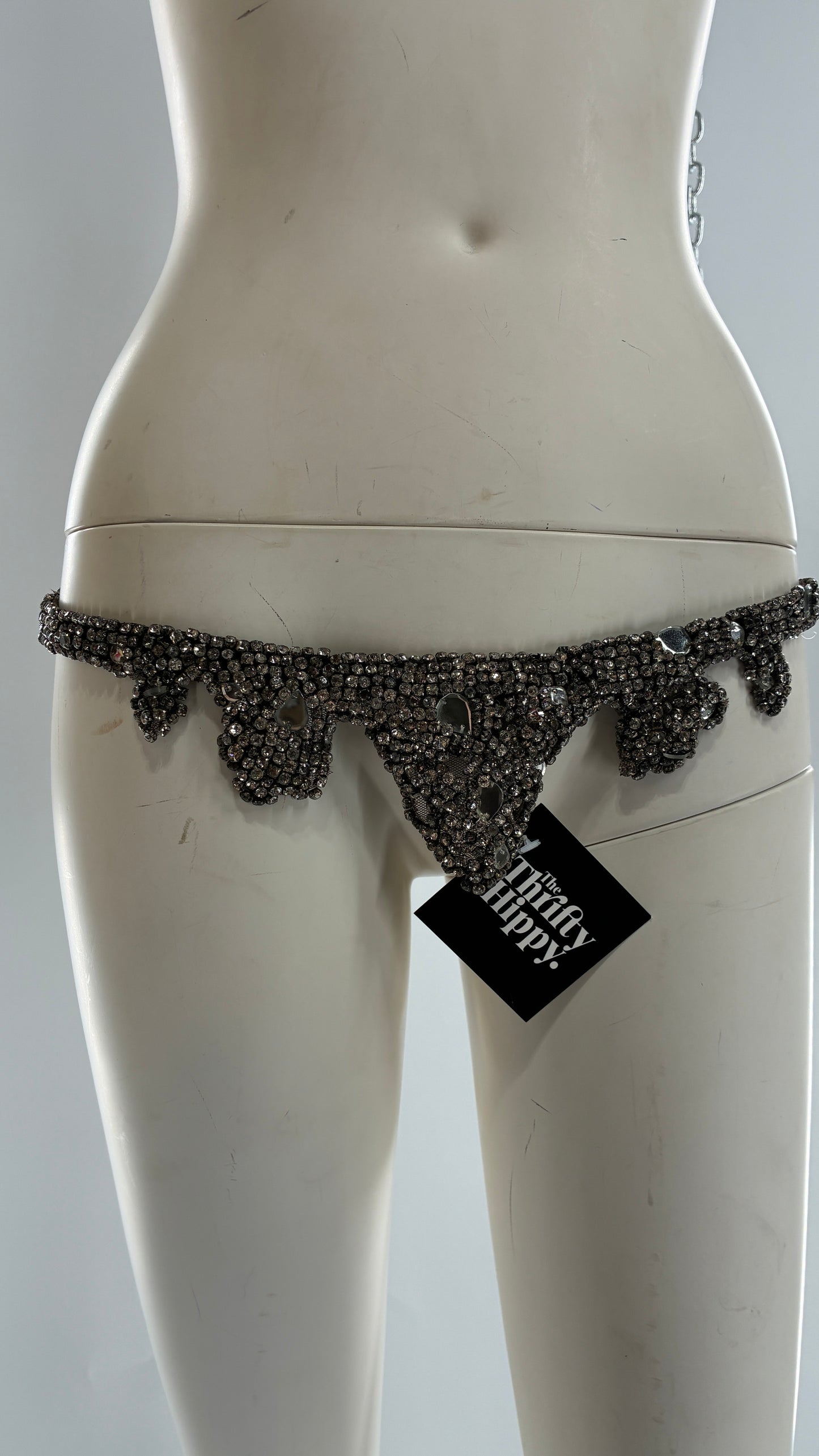 Vintage Brown Suede Leather Scalloped Belt Covered in Rhinestones and Heavy Ornate Beading