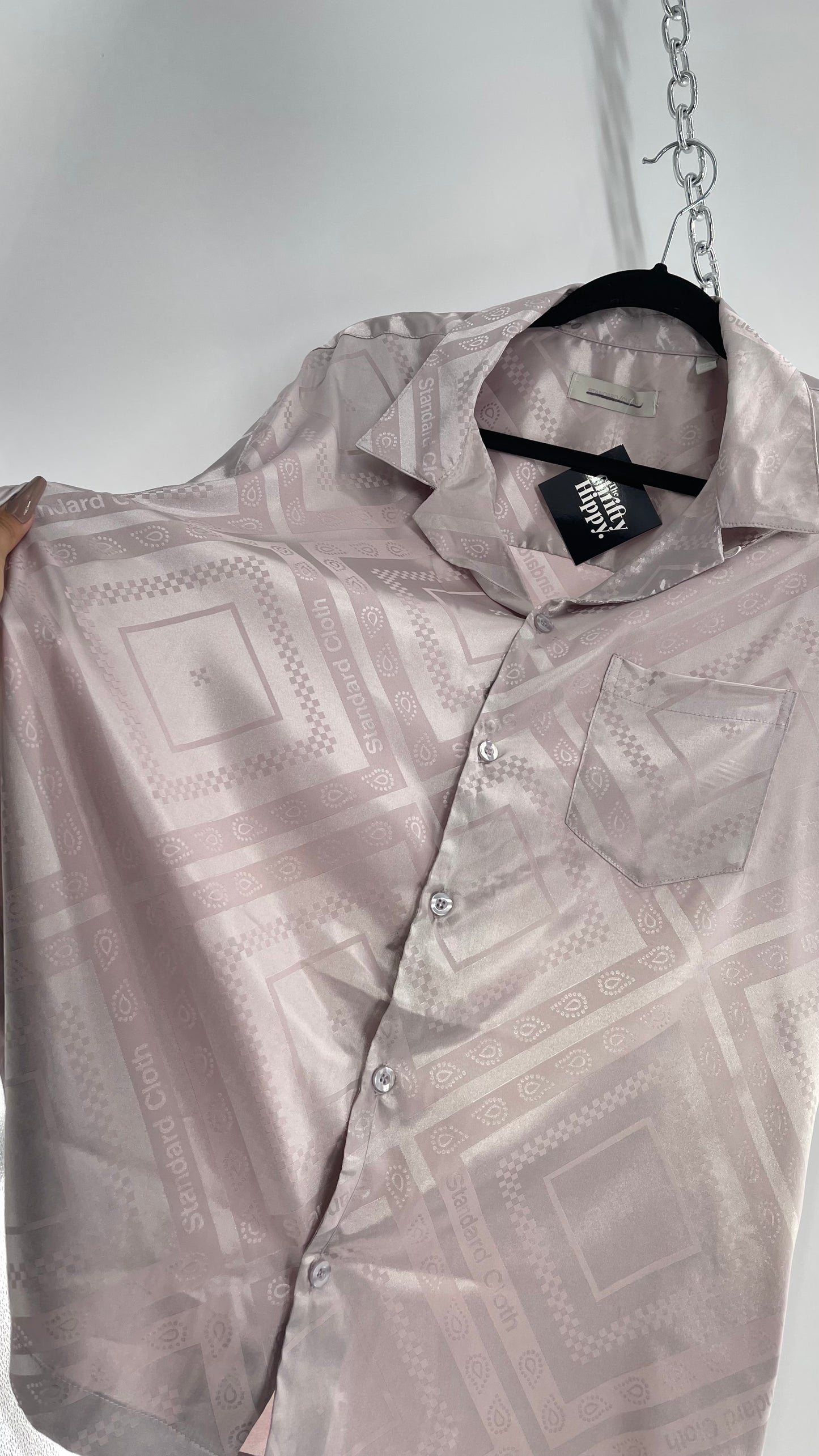 STANDARD CLOTH Silver/Lilac Silky Shiny Button Up Short Sleeve (Large)