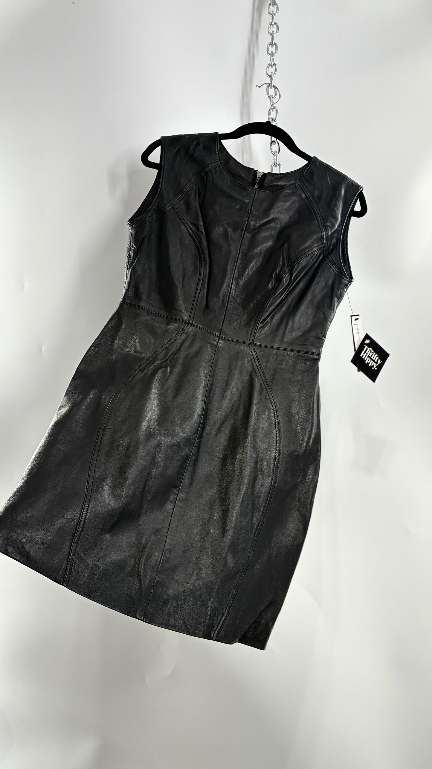 AQUA LUXE Black Leather Bodycon Paneled Dress with Tags Attached (Small)