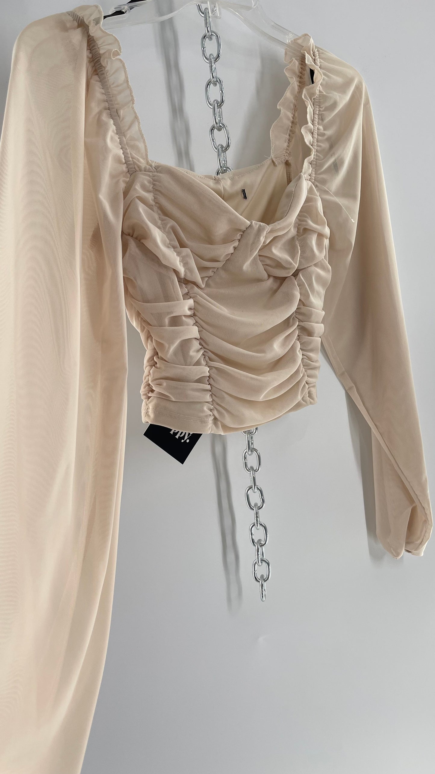 Beige Ruched Corseted Balloon Sleeve Blouse (Small)