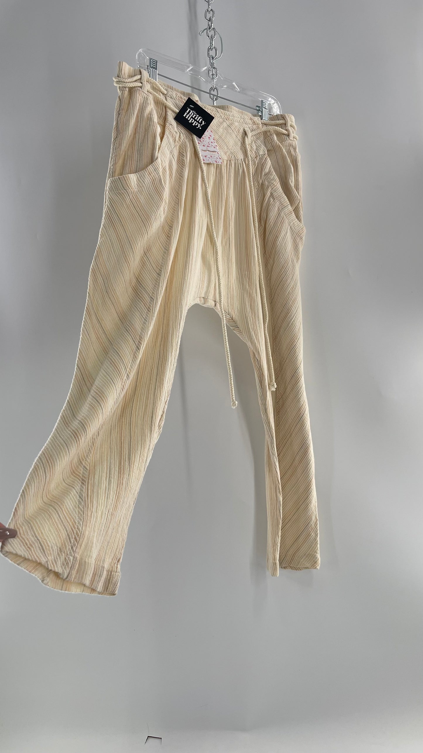 Free People Cream Striped Haram/Drop Crotch/Yoga Rope Belt Pants (XL) with Tags Attached