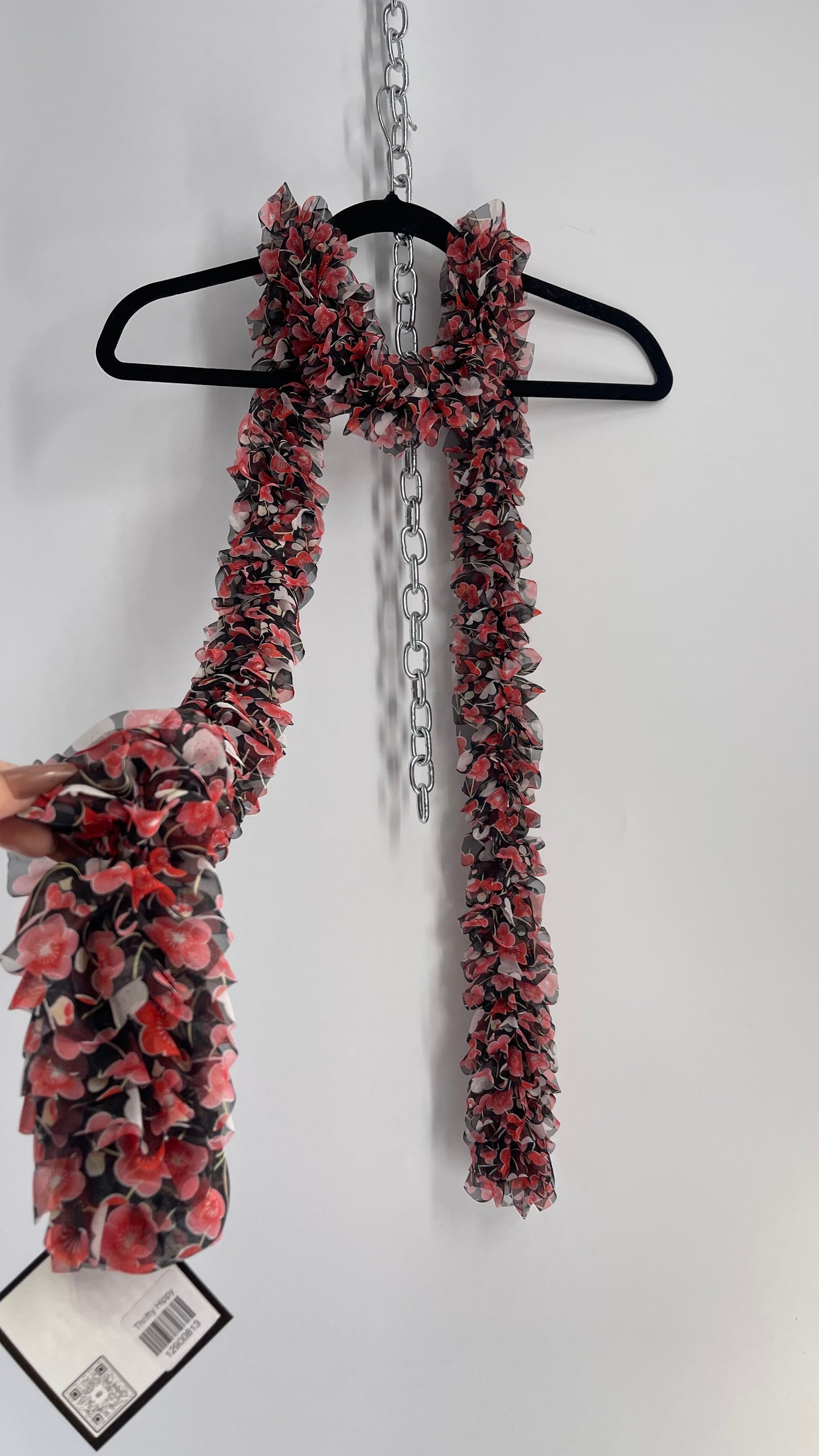 Vintage 1990s Ruffled Black Red Floral Scarf