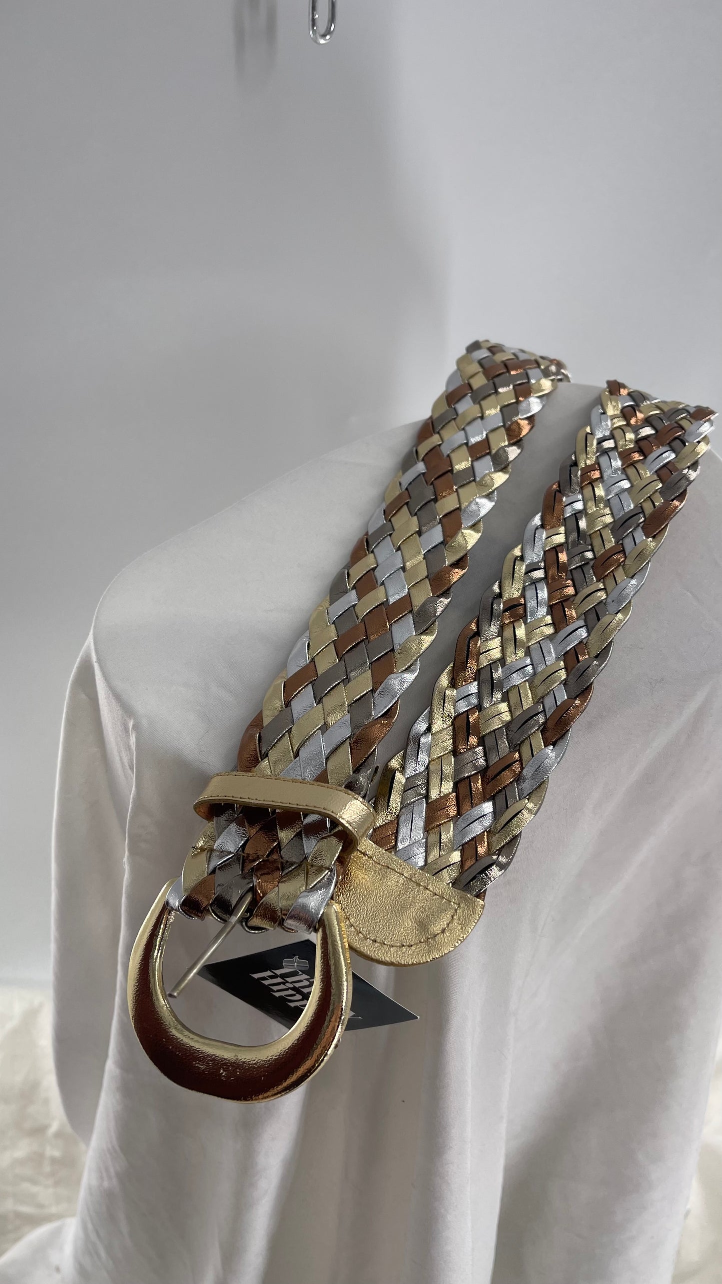 Metallic Gold Bronze Silver Braided Thick Belt (One Size)