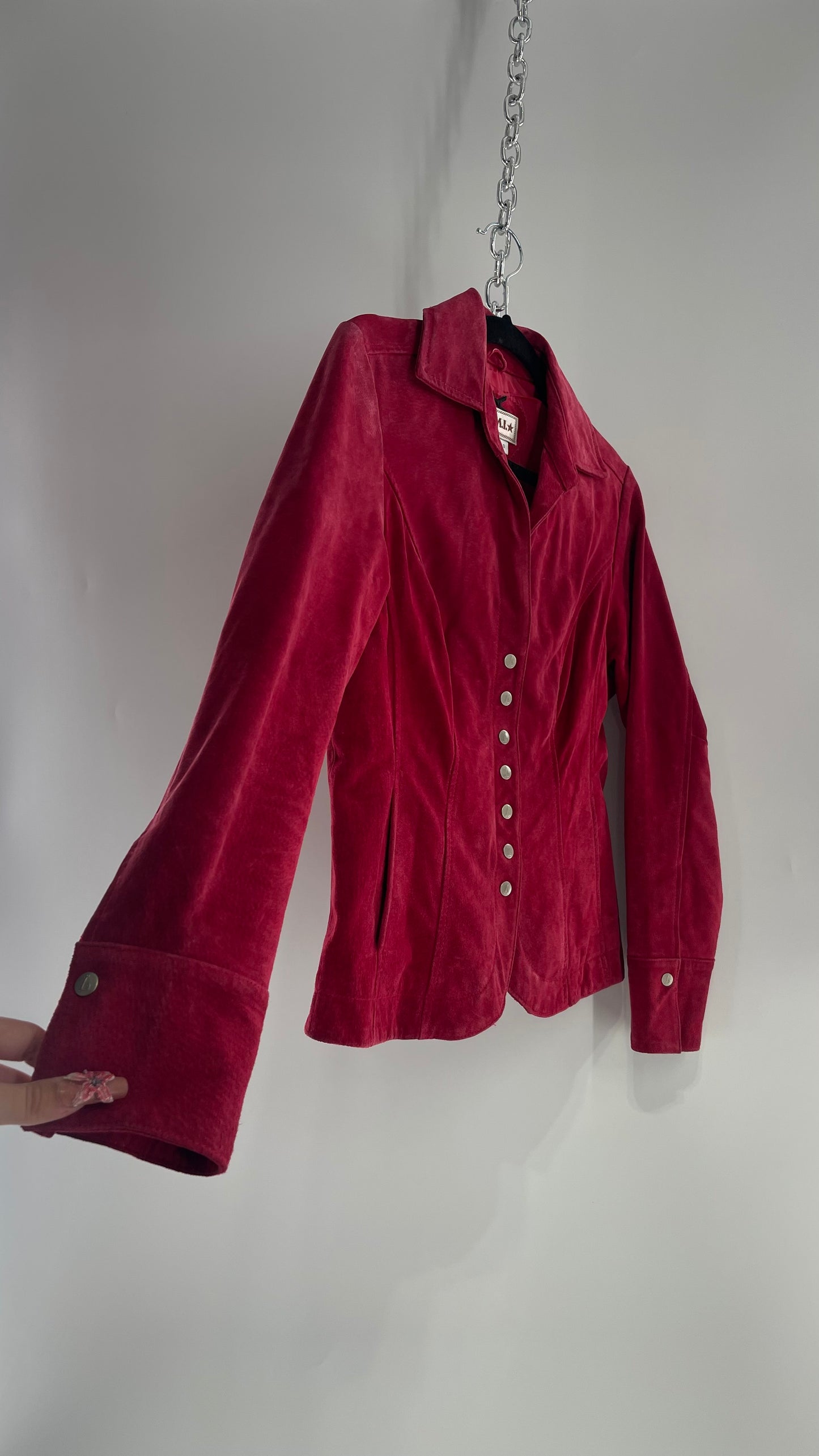 VINTAGE A.M.I Raspberry Red Suede Leather Slim Waist Metal Button Front Jacket (Small)