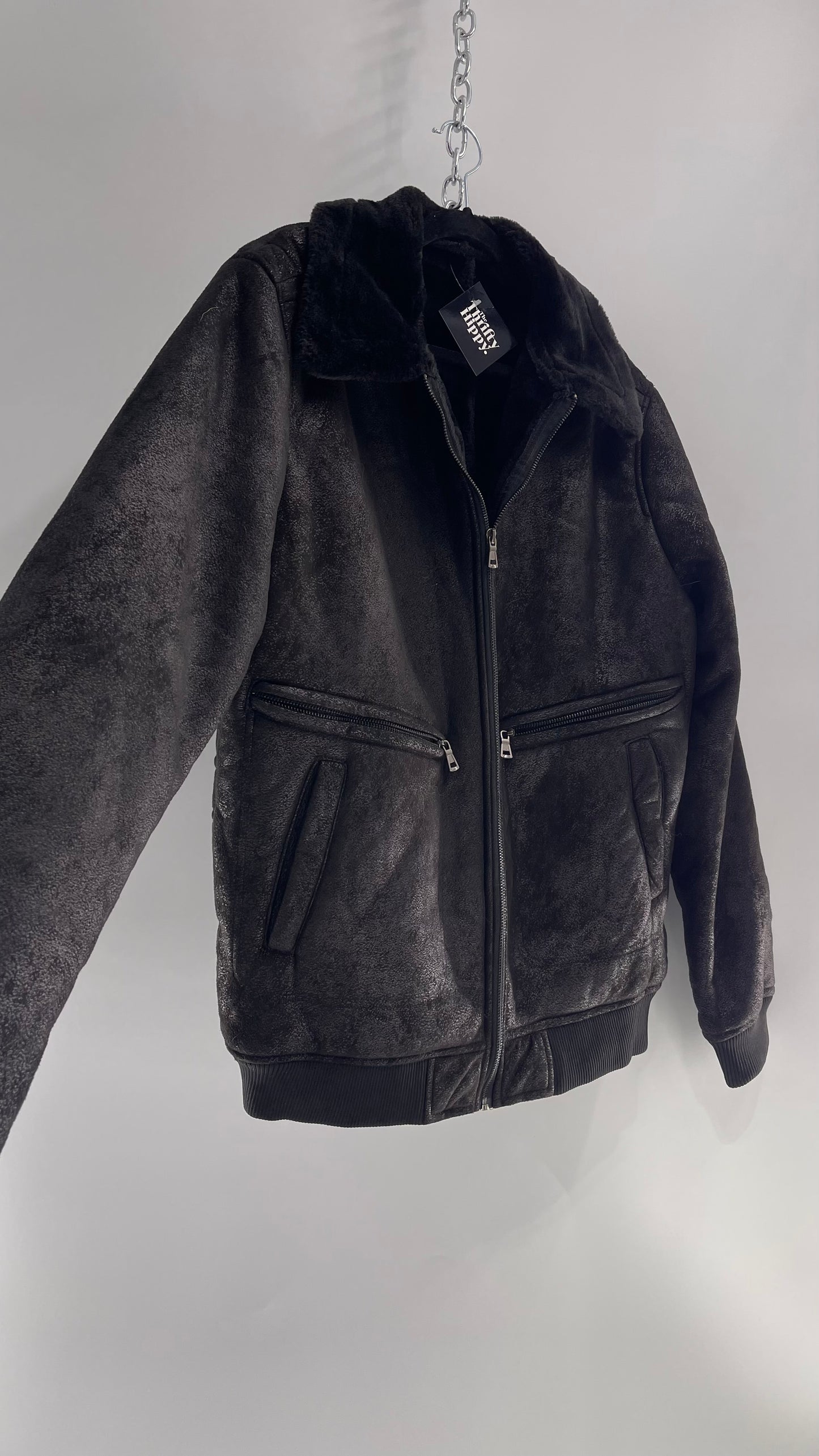 Black Faux Suede Bomber Jacket with Shearling Fur Lining (XL)