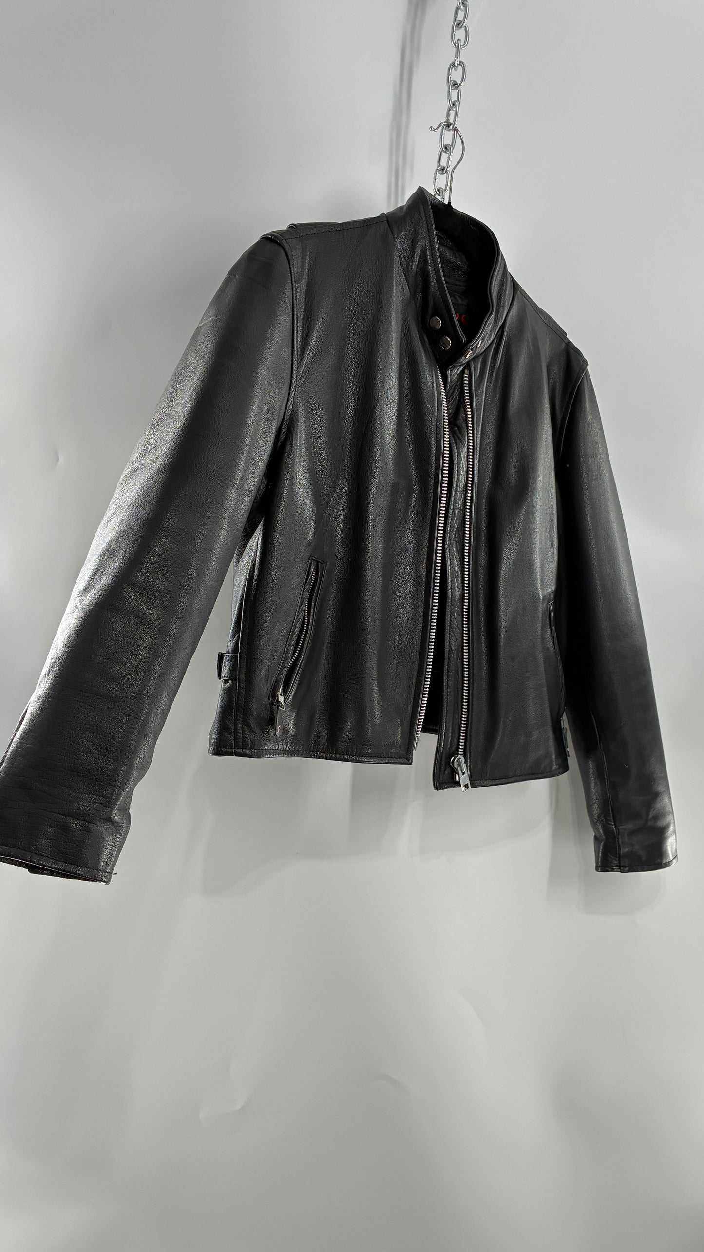 Vintage DOC’s Black Thick Leather Jacket with Removable Quilted Lining, Zippered Sides and Heavy Metal Details (Medium)