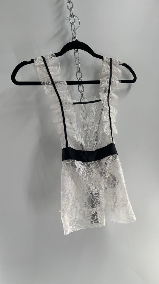 Vintage White Lace Apron Blouse with Black Ribbon (Small)