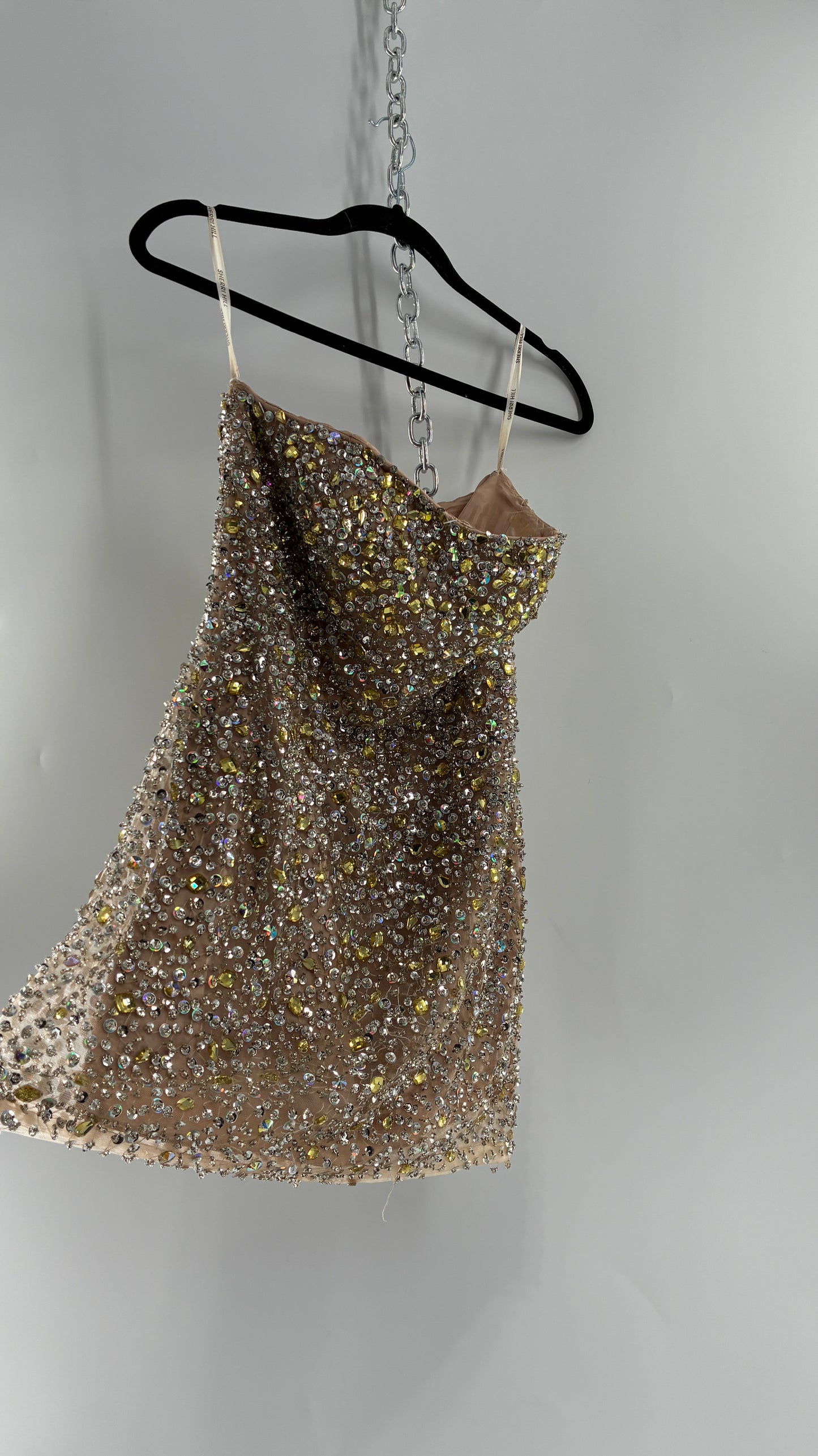 Vintage SHERRI HILL Nude Tan Underlay Mini Dress, Full Bedazzled and Covered in Beads  (6)