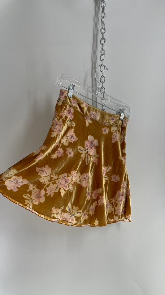 Free People Mustard Yellow/Gold Velvet Mini Skirt with Pink Flowers (0)