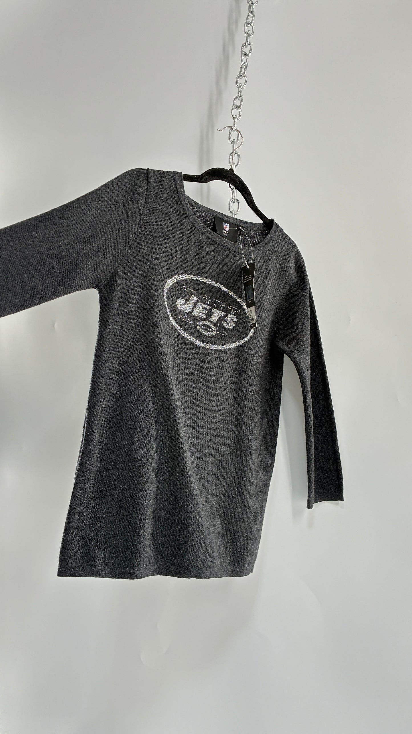 Deadstock Vintage 1990s New York JETS Grey Silver Tinsel NFL Knit Crewneck (Medium)