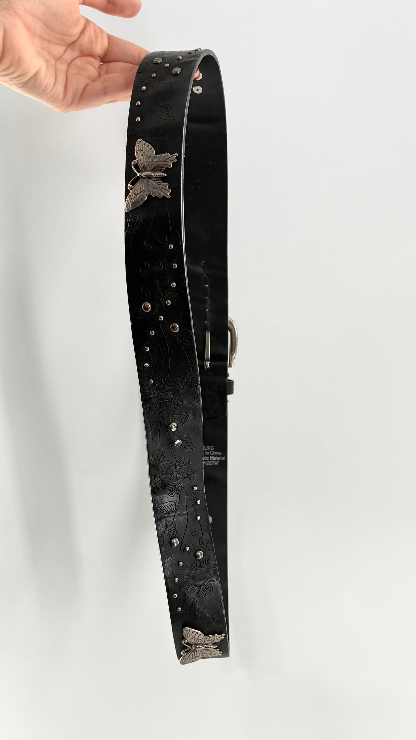Vintage Distressed Black Embossed Belt with Silver Metal Butterfly Medallions (XL)