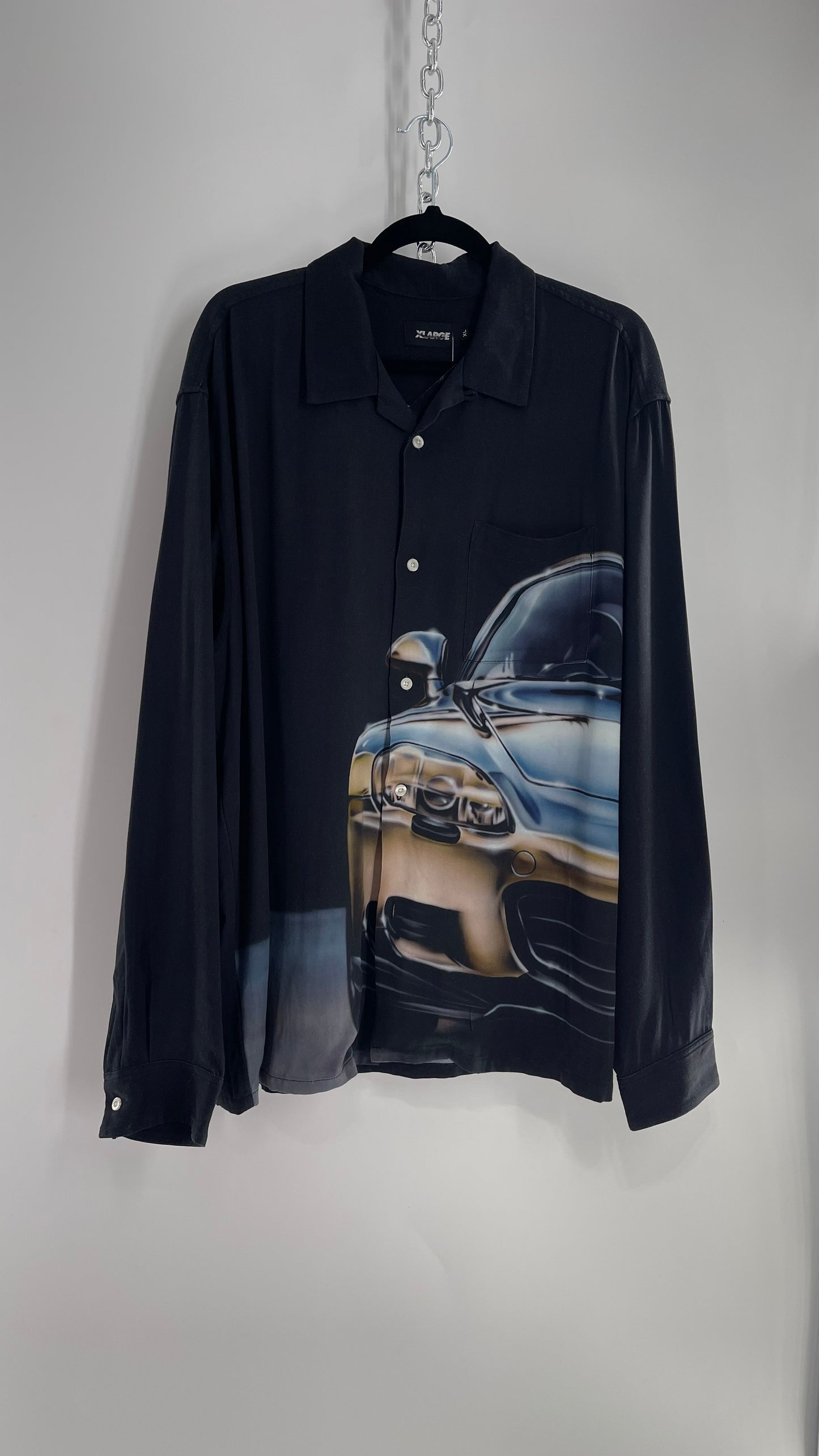 XLARGE Black 100% Rayon Men’s Button Up with HD Futuristic Car Graphic  (XL)
