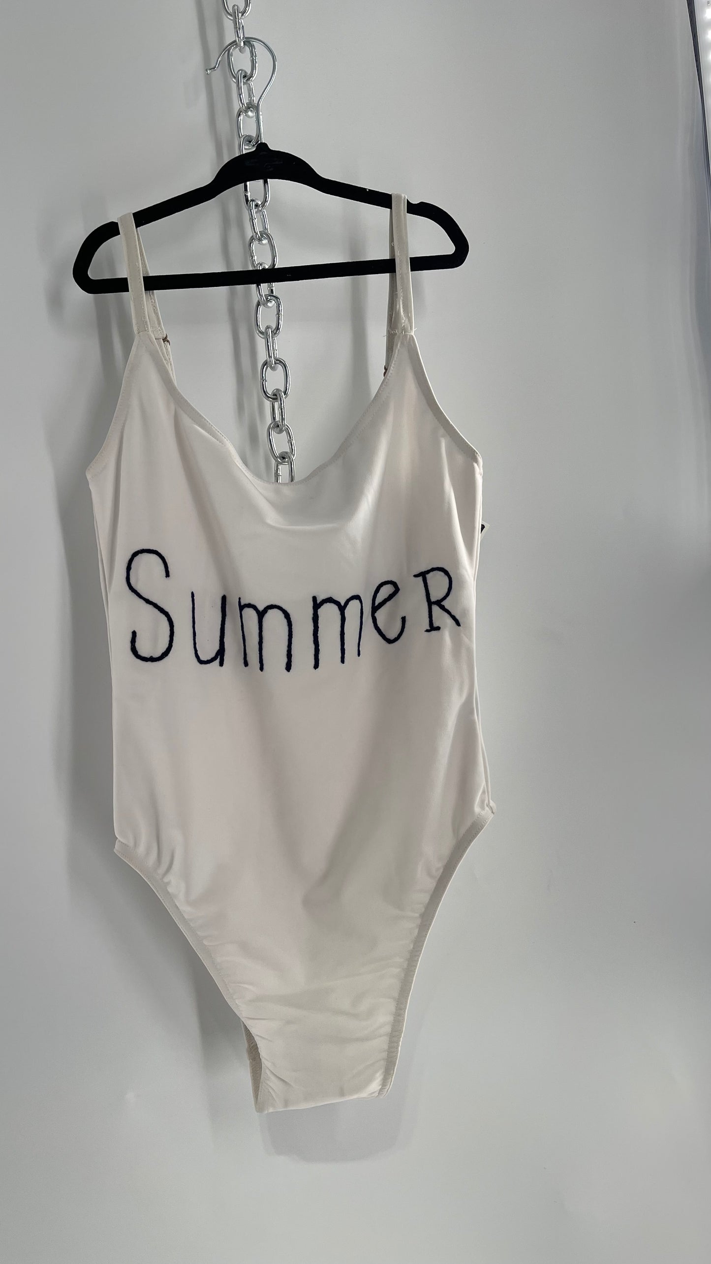 Bannerday White Bathing Suit with Black “Summer” Embroidery (Small)