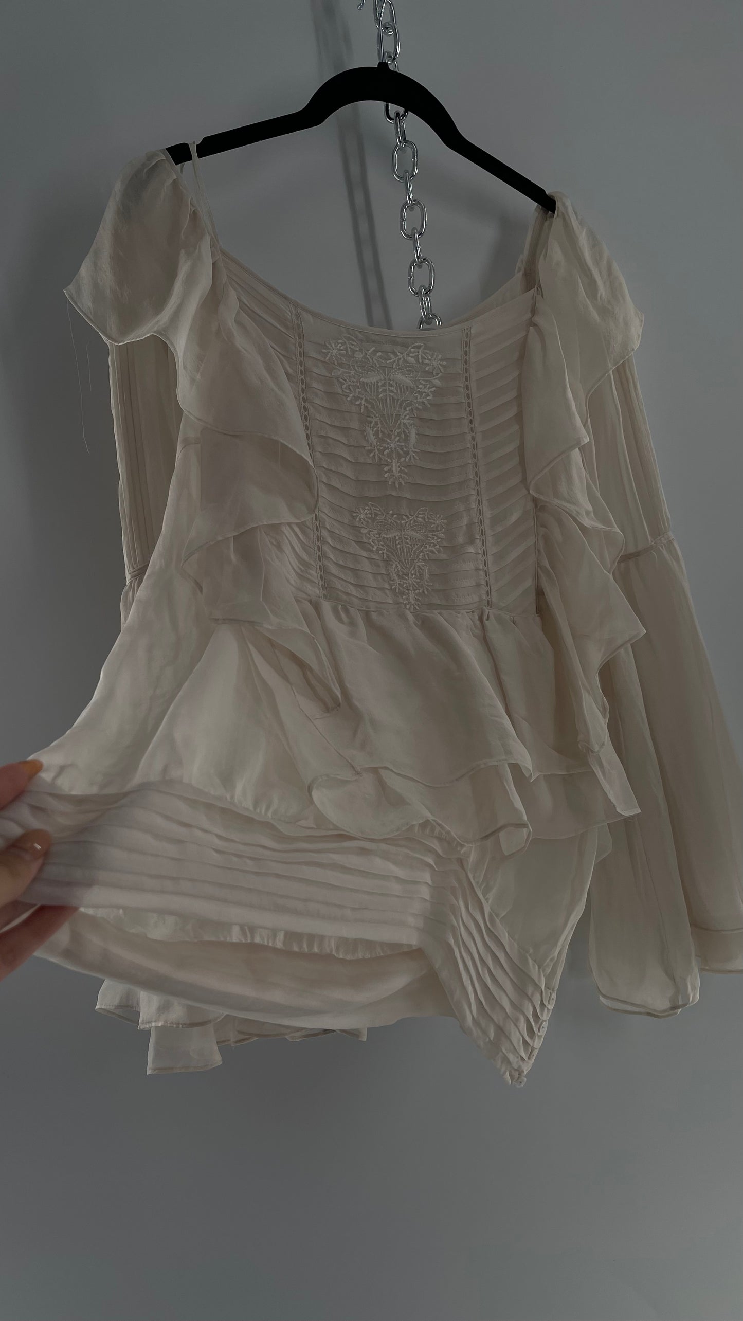 ZARA Ruffled and Embroidered Bell Sleeve Blouse (Large)