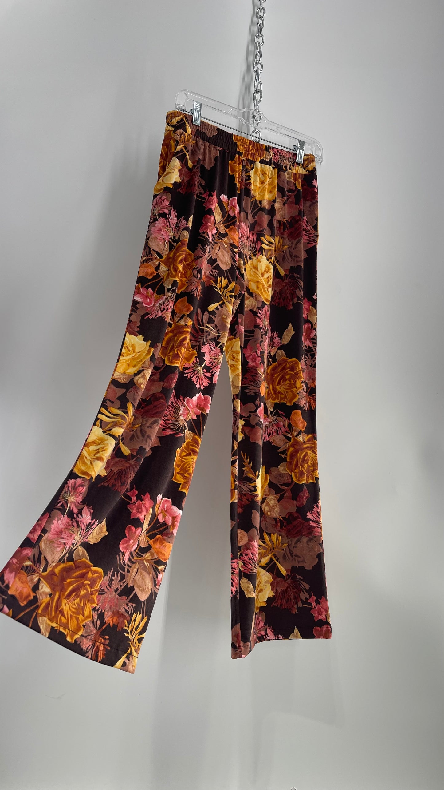 Lemon Way Brown Autumn Foliage Graphic Stretchy Wide Legs (Small)