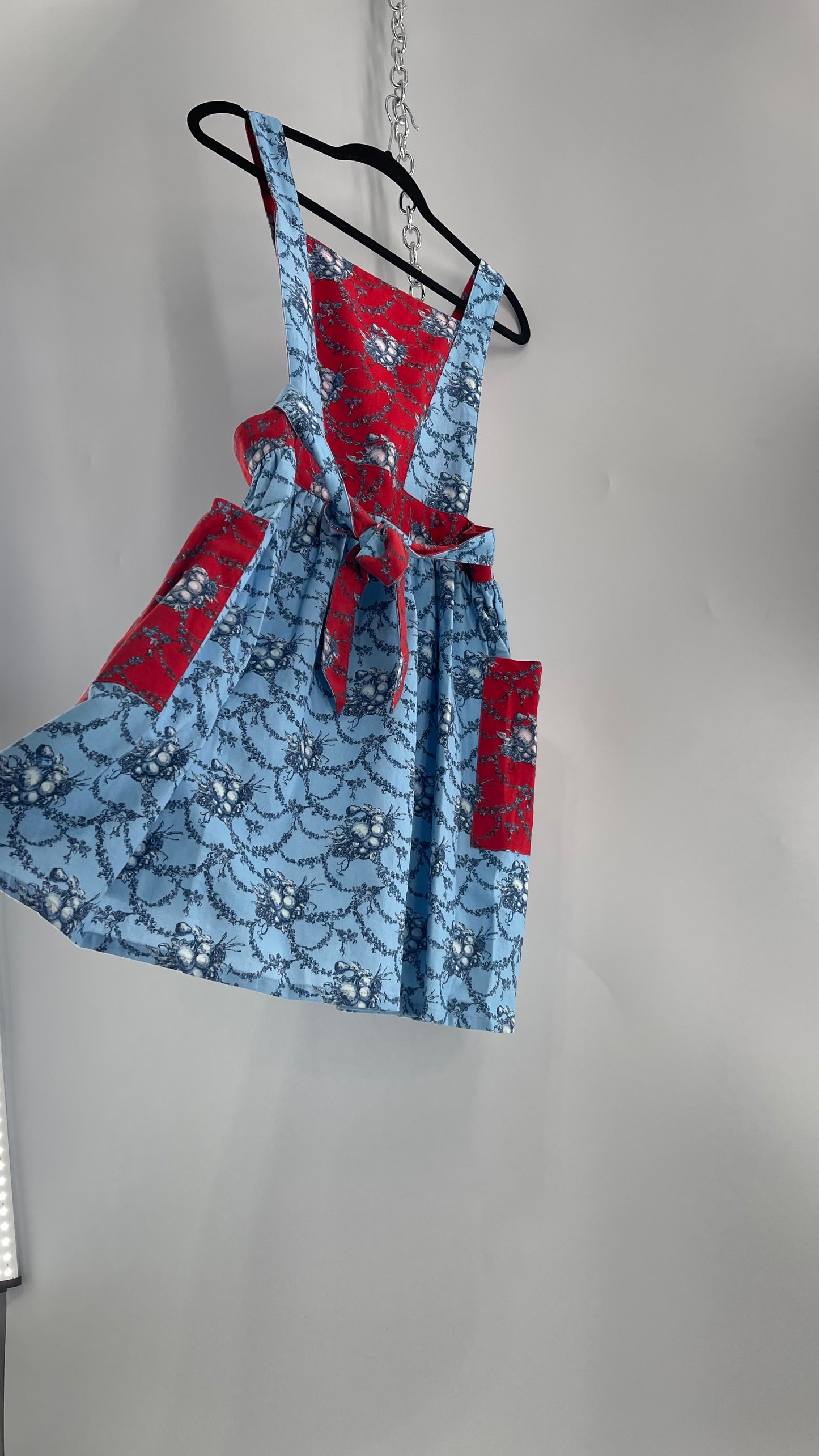 Vintage Apron Red and Baby Blue Floral/Citrus Patterned Mini Dress with Tie Around Bow (S\M)