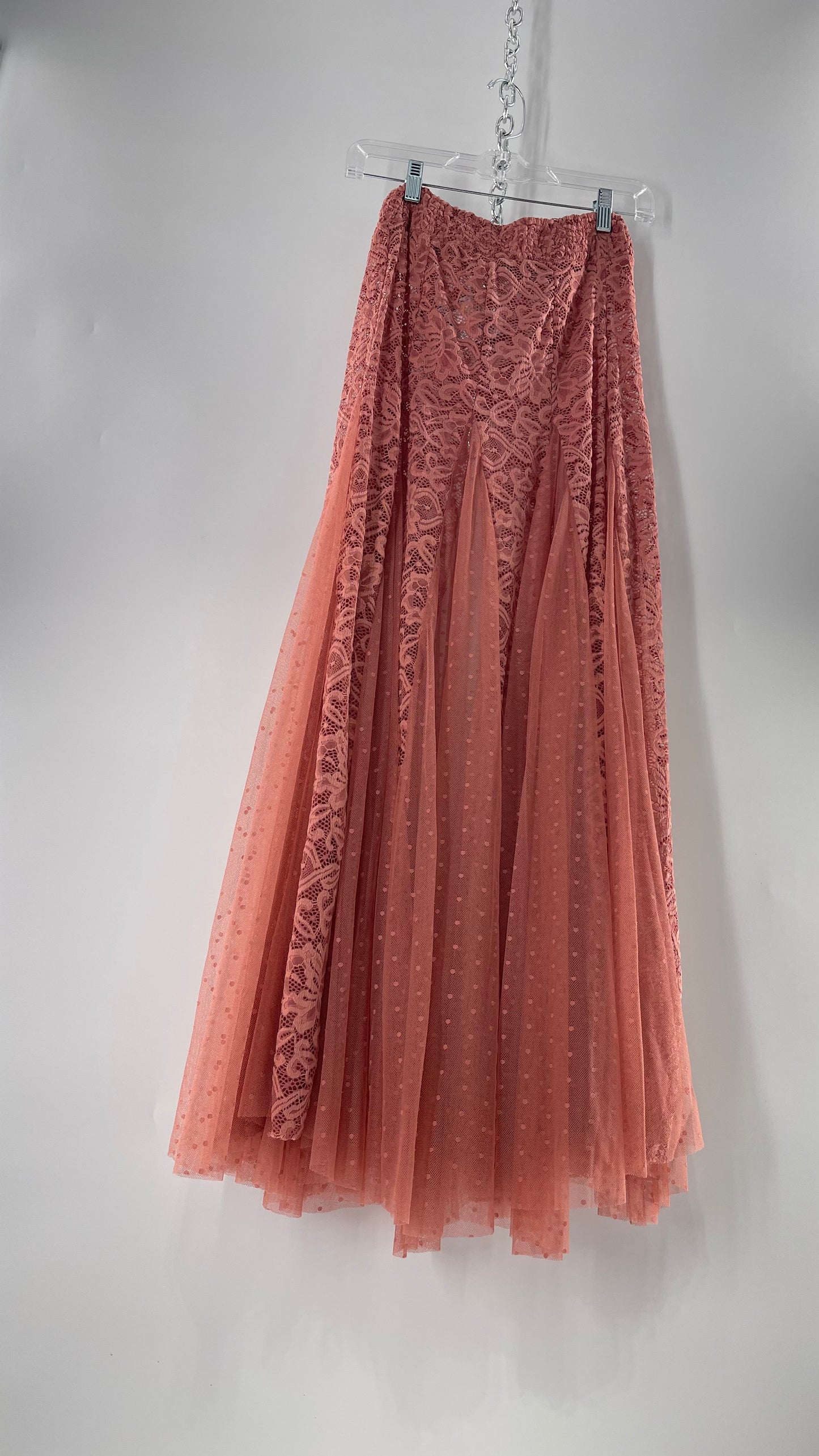 Intimately Free People Blush Pink Lace and Polka Dot Mesh Maxi Skirt (XS)