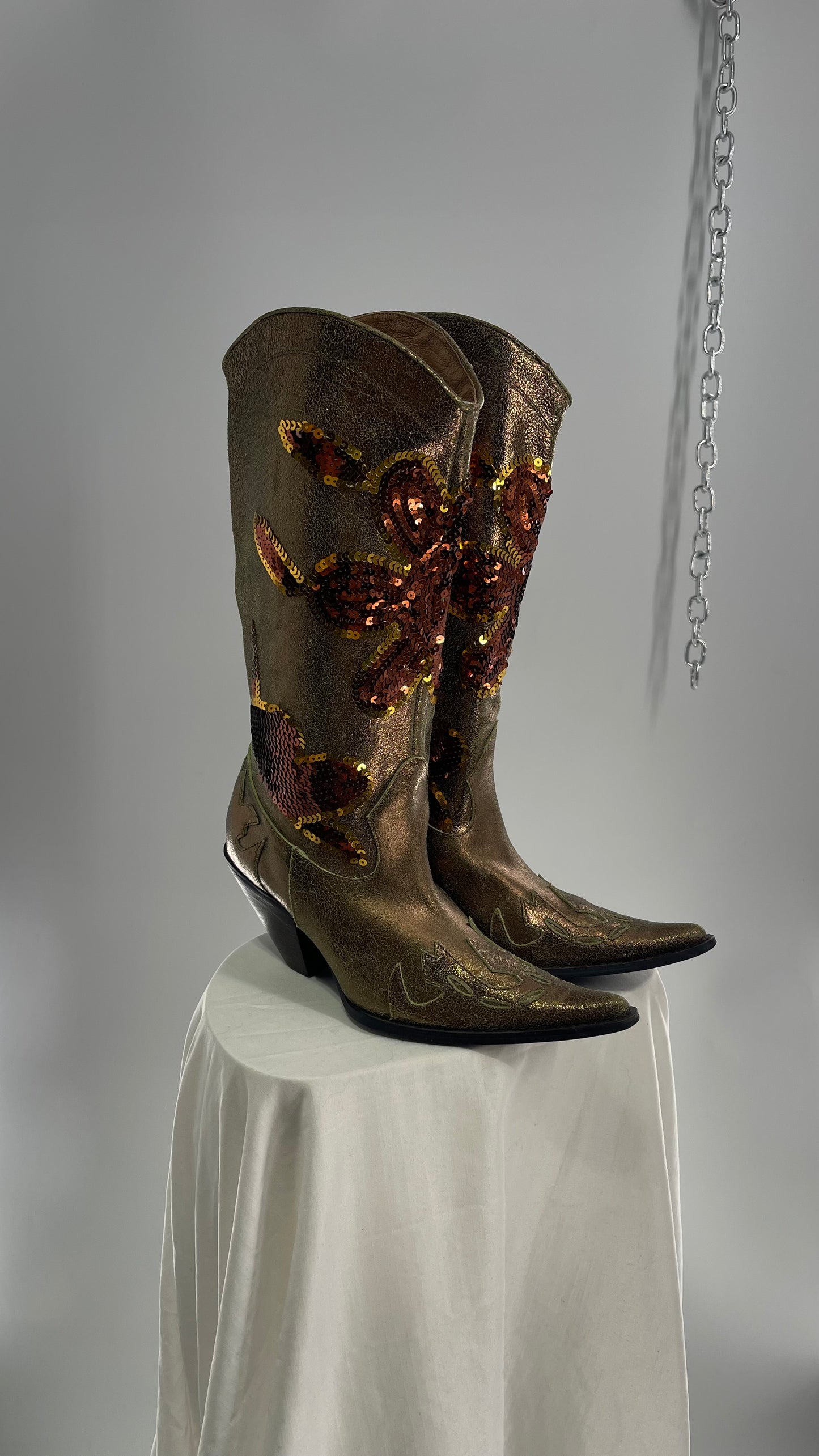 RARE Vintage Foot Candy Sage Green/Bronze Leather Cowboy Boots with Sequin Flowers and Flame Details (6.5)