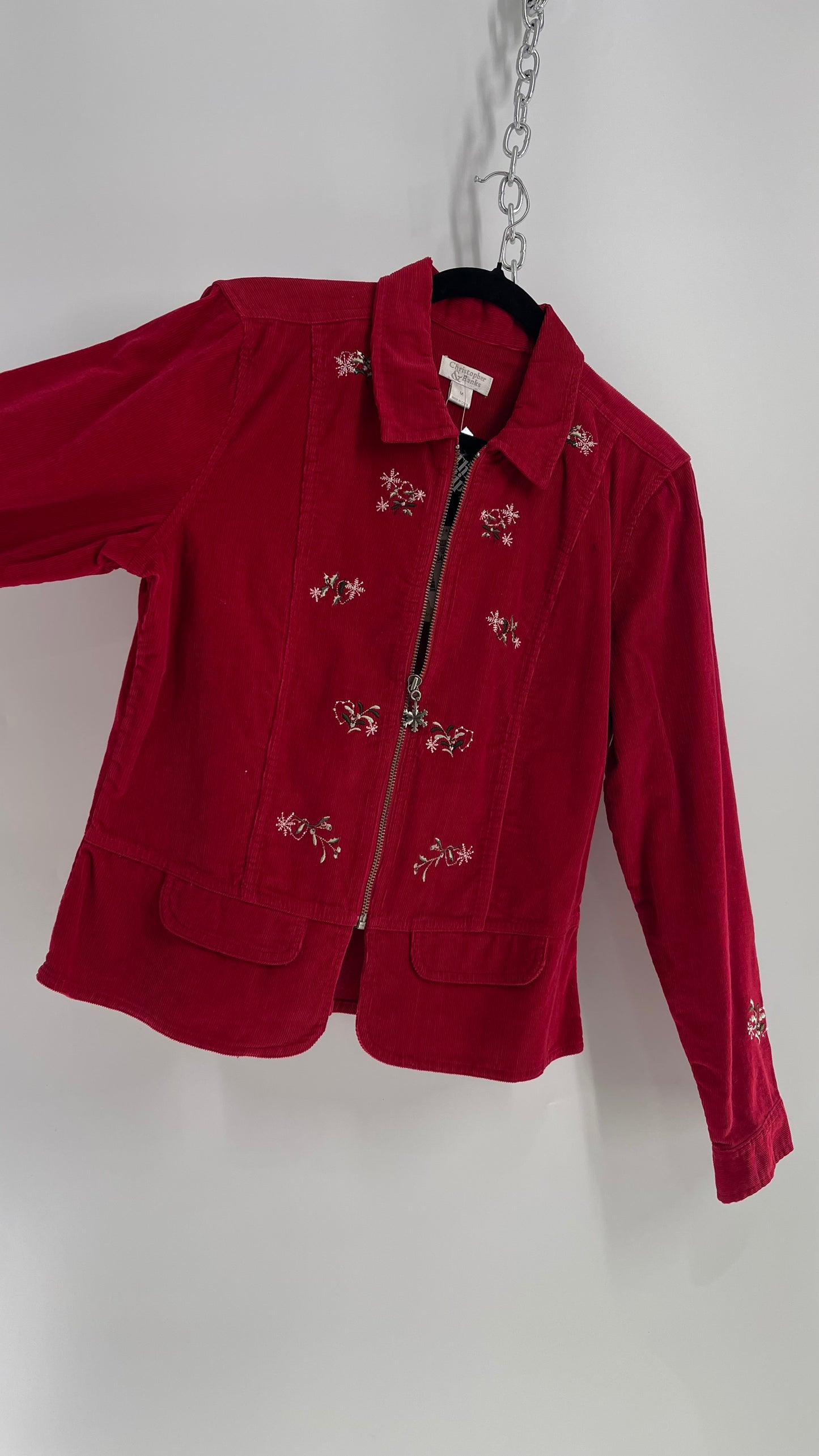 Vintage 1990s Red Corduroy Zip Front Holiday Jacket with Embroidery and Tags Attached (Medium)