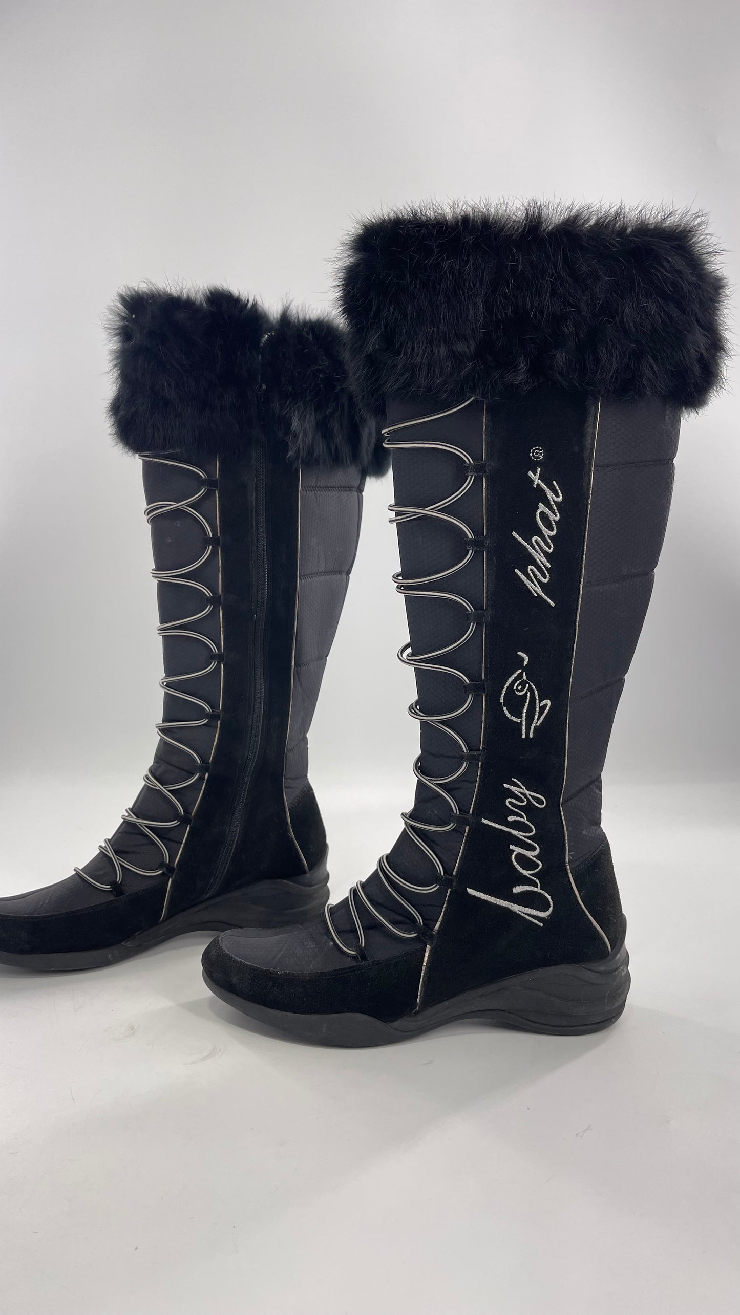 Baby Phat Black Knee High Boots with Rabbit Fur Trim, Bungee Cord Ties, and Embroidered Logo Design