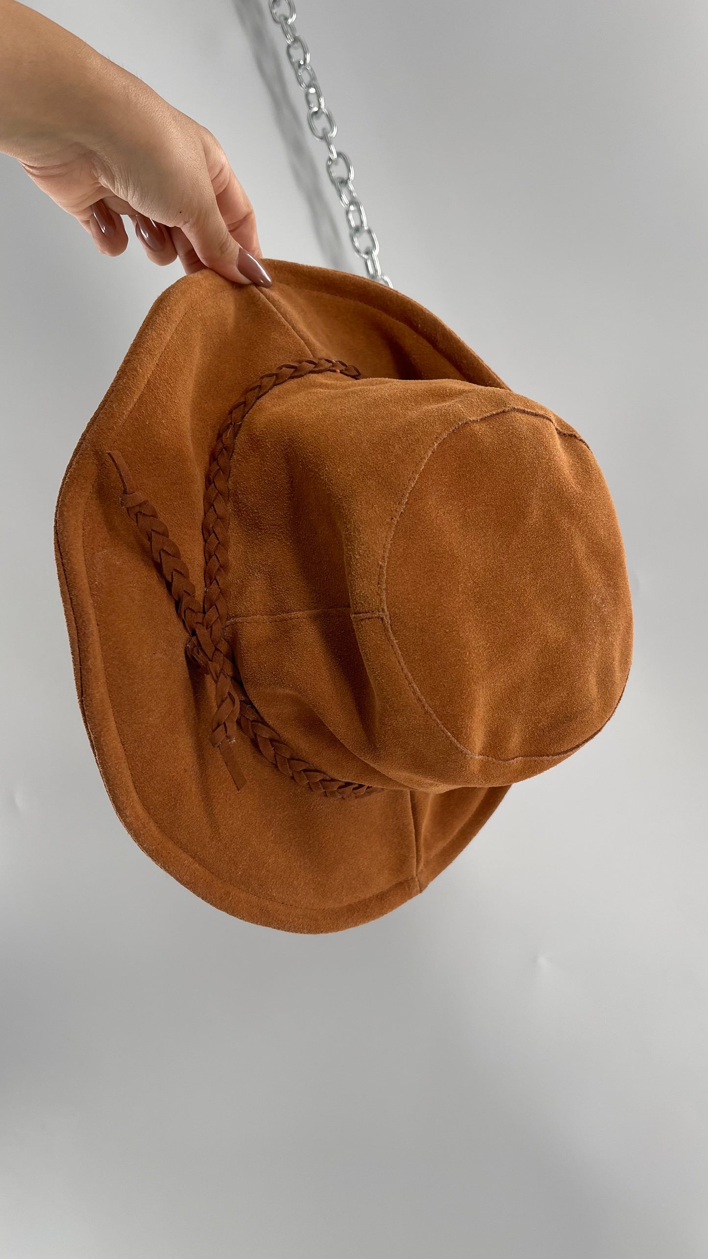 Free People Burnt Orange Suede Genuine Leather Sun Hat with Braided Belt