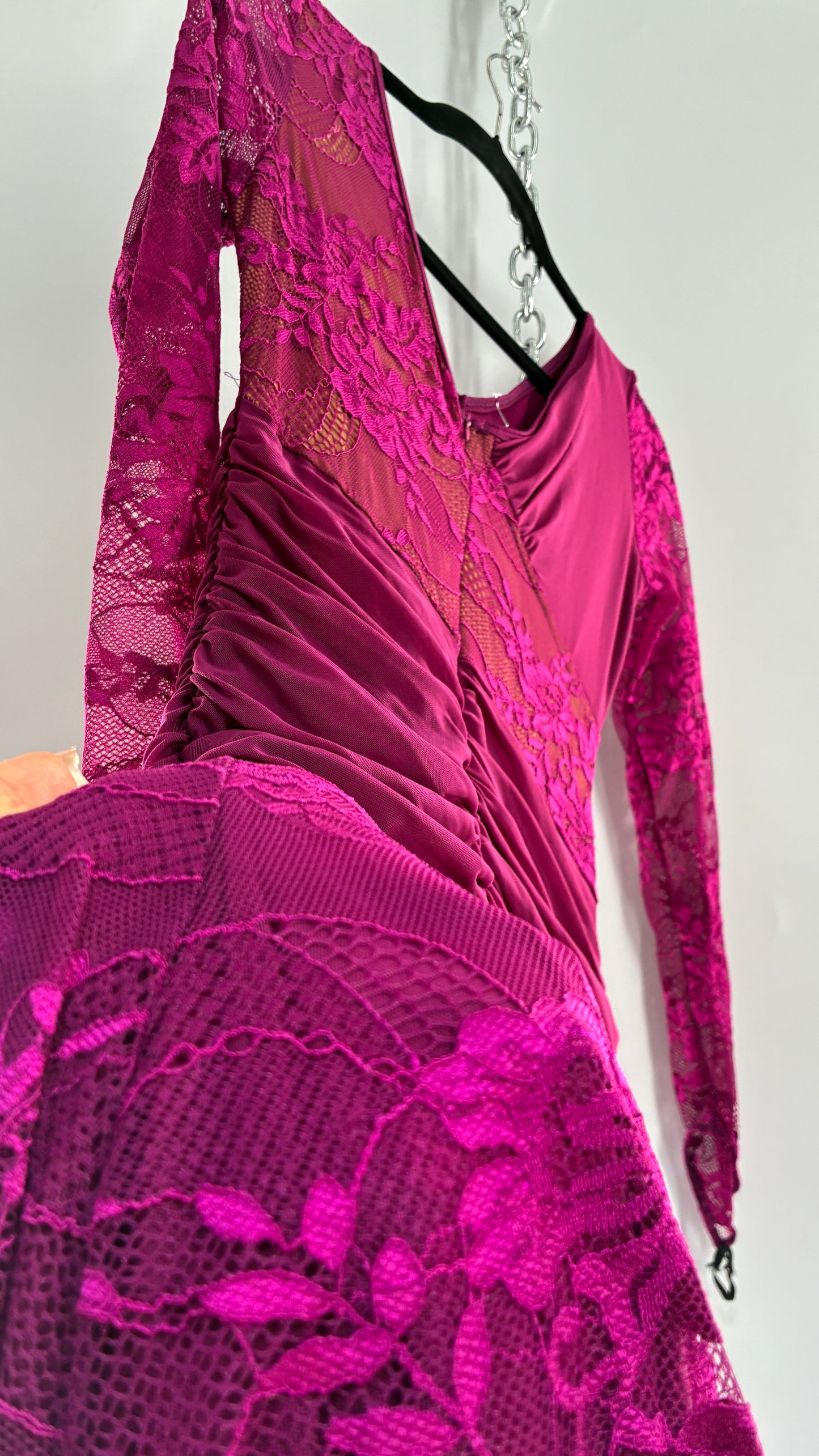 Vintage Fuchsia Flamenco, Lace and Mesh Paneled Gown with Gloved Hand Detail (Small)