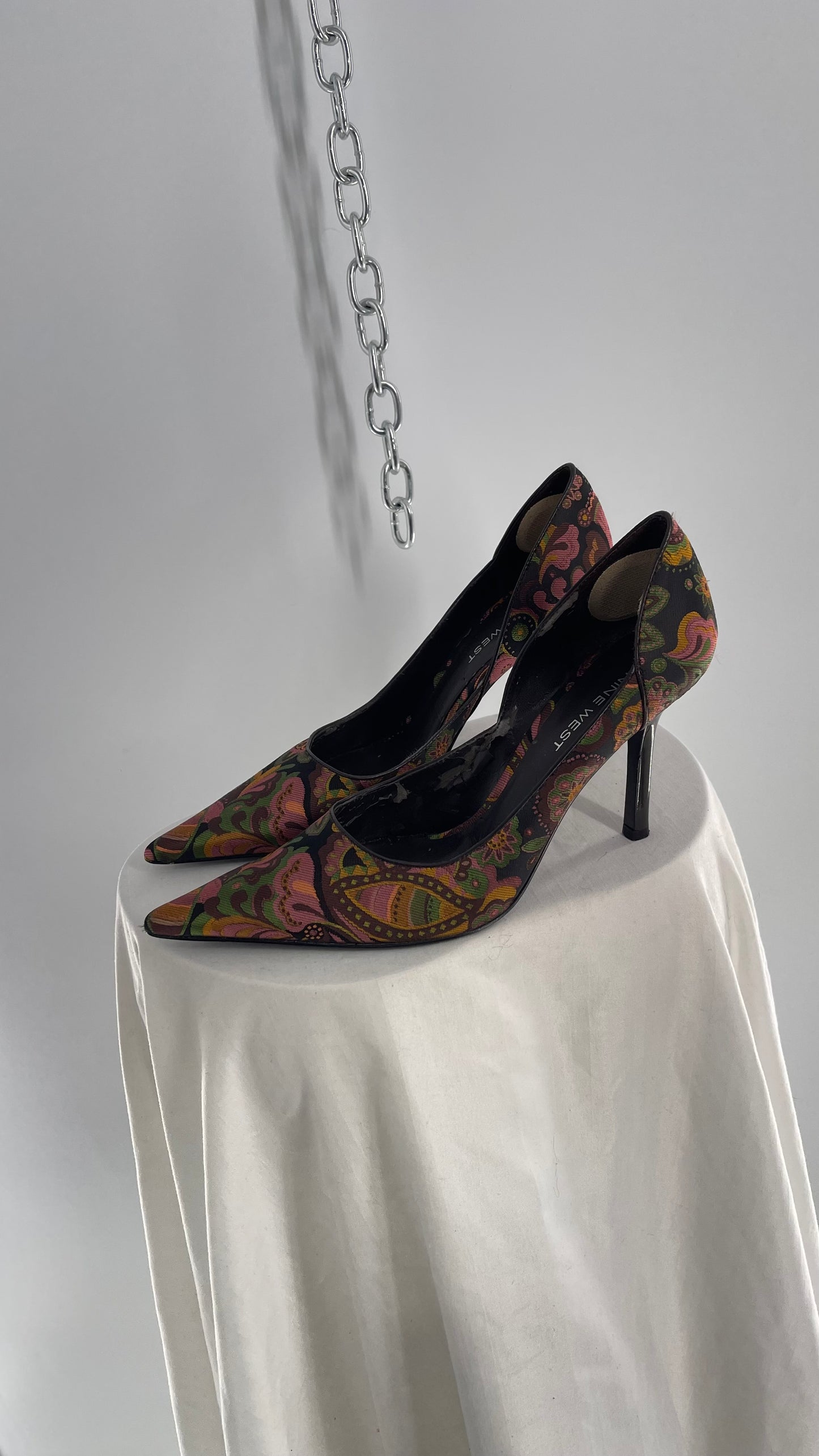 Vintage Nine West Brown Floral Patterned Pointed Toe Heel (8)