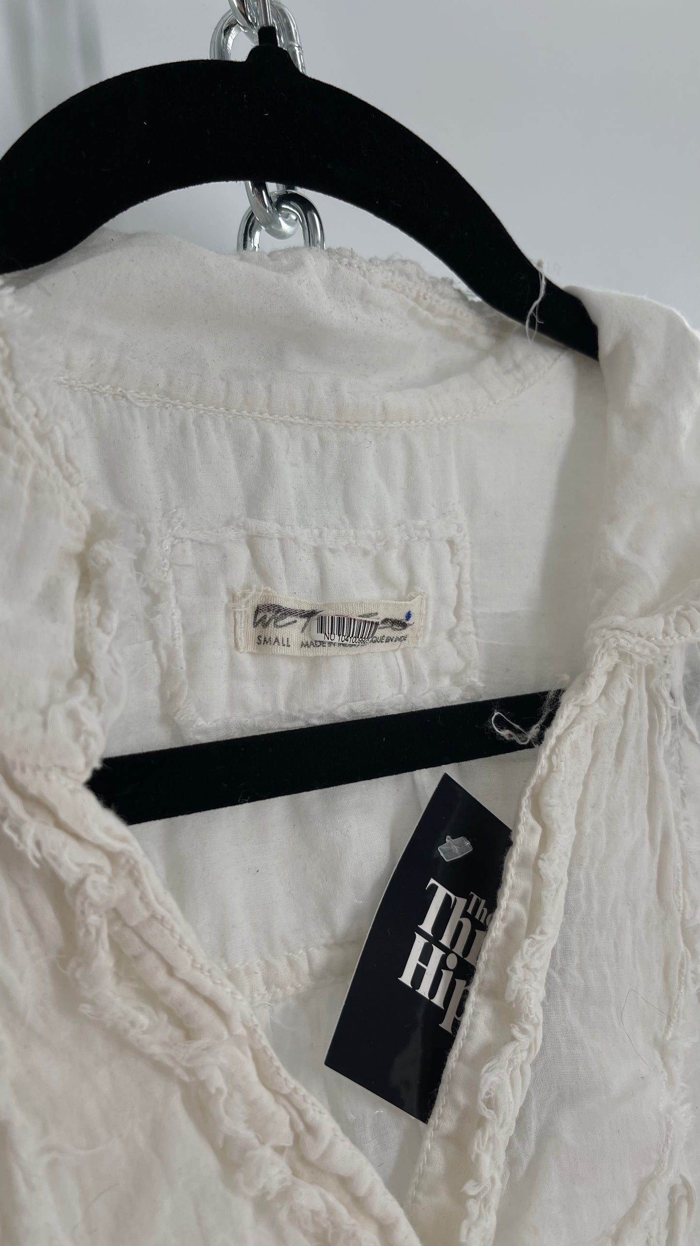 Free People White Cotton Ruffle Button Up with Crimped Sleeves (Small)