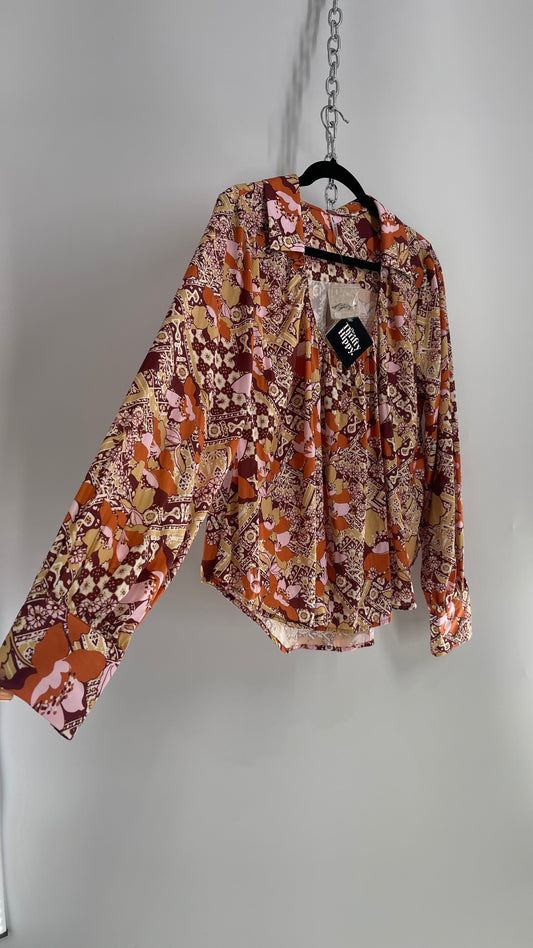 Free People Silky Autumn Florals Collared Floral Blouse with Tags Attached (Small)