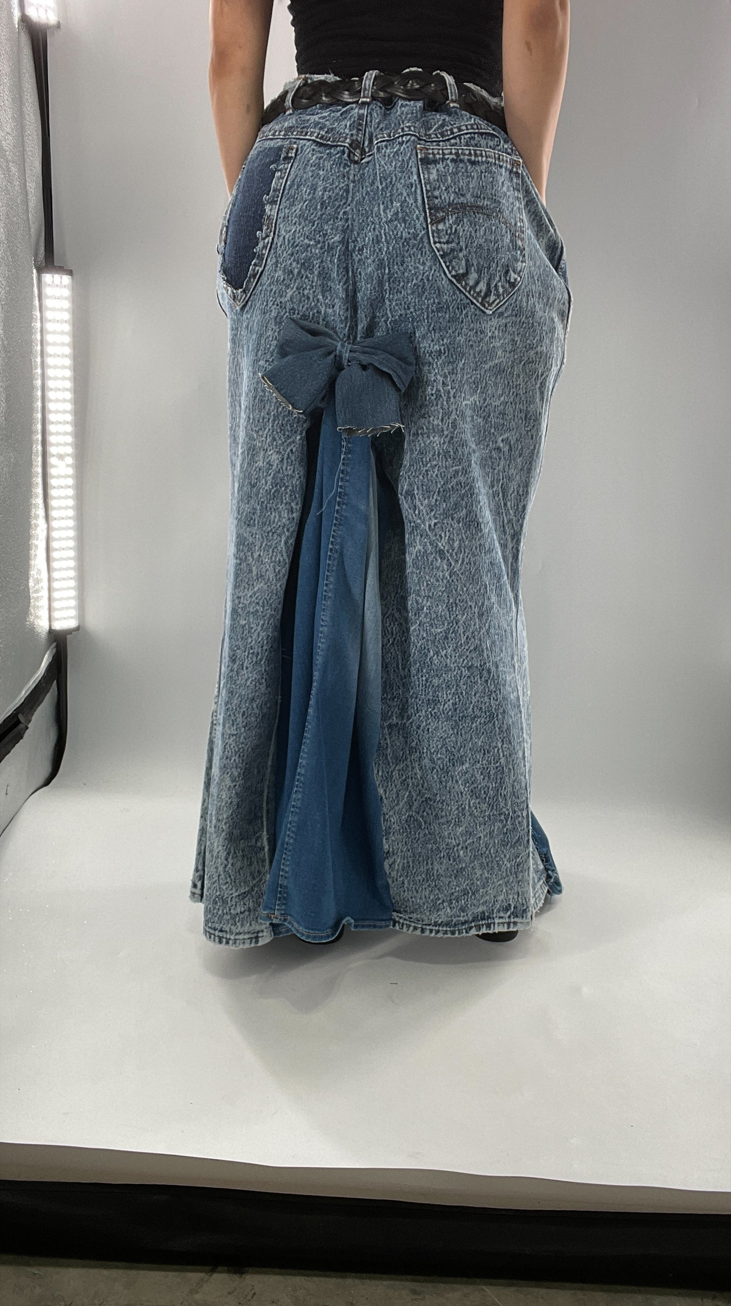 Custom Handmade Acid Wash Denim Slit Front Ruffled Skirt with Bow Bum (Large)