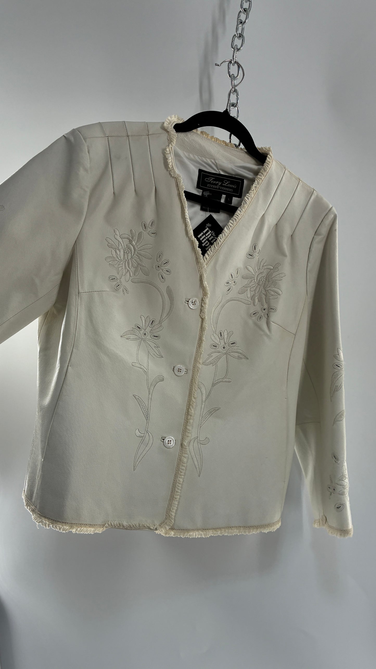 Vintage TERRY LEWIS White Leather Pleated Back, Embroidered Jacket with Lace Trim (Large)