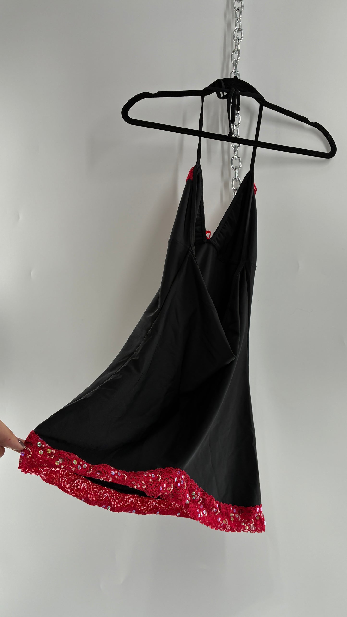 Vintage PROMISCUOUS Black Camisole Slip with Red Ruffled Sequin Lace and Scalloped Bum  (XL)