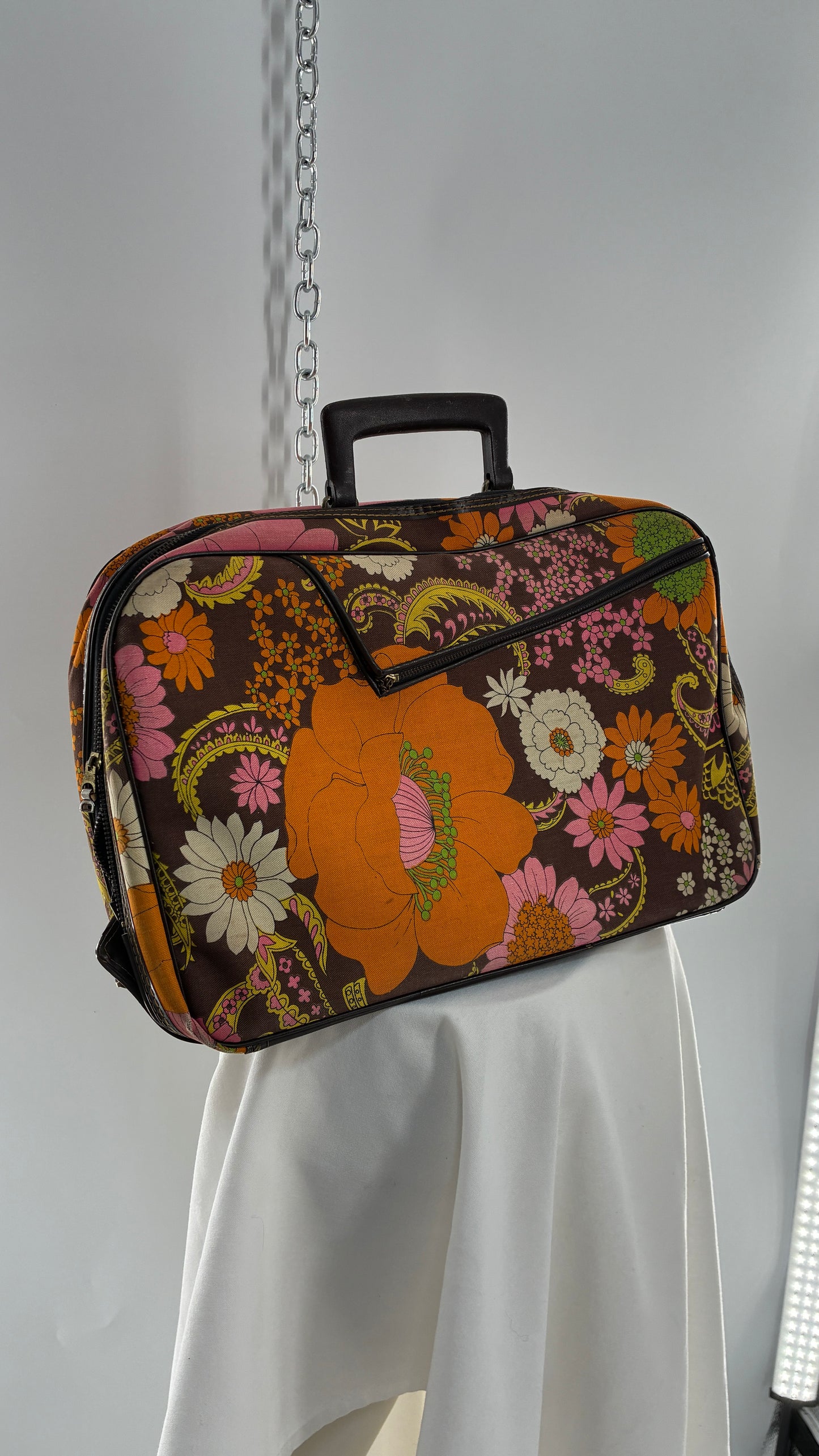 Vintage 1970s Brown Briefcase with Warm Tone Flowers