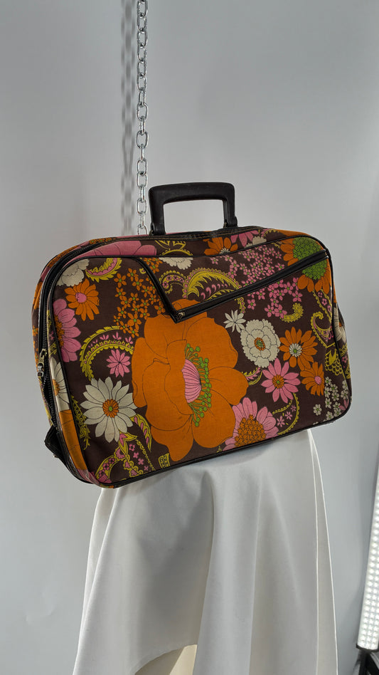 Vintage 1970s Brown Briefcase with Warm Tone Flowers