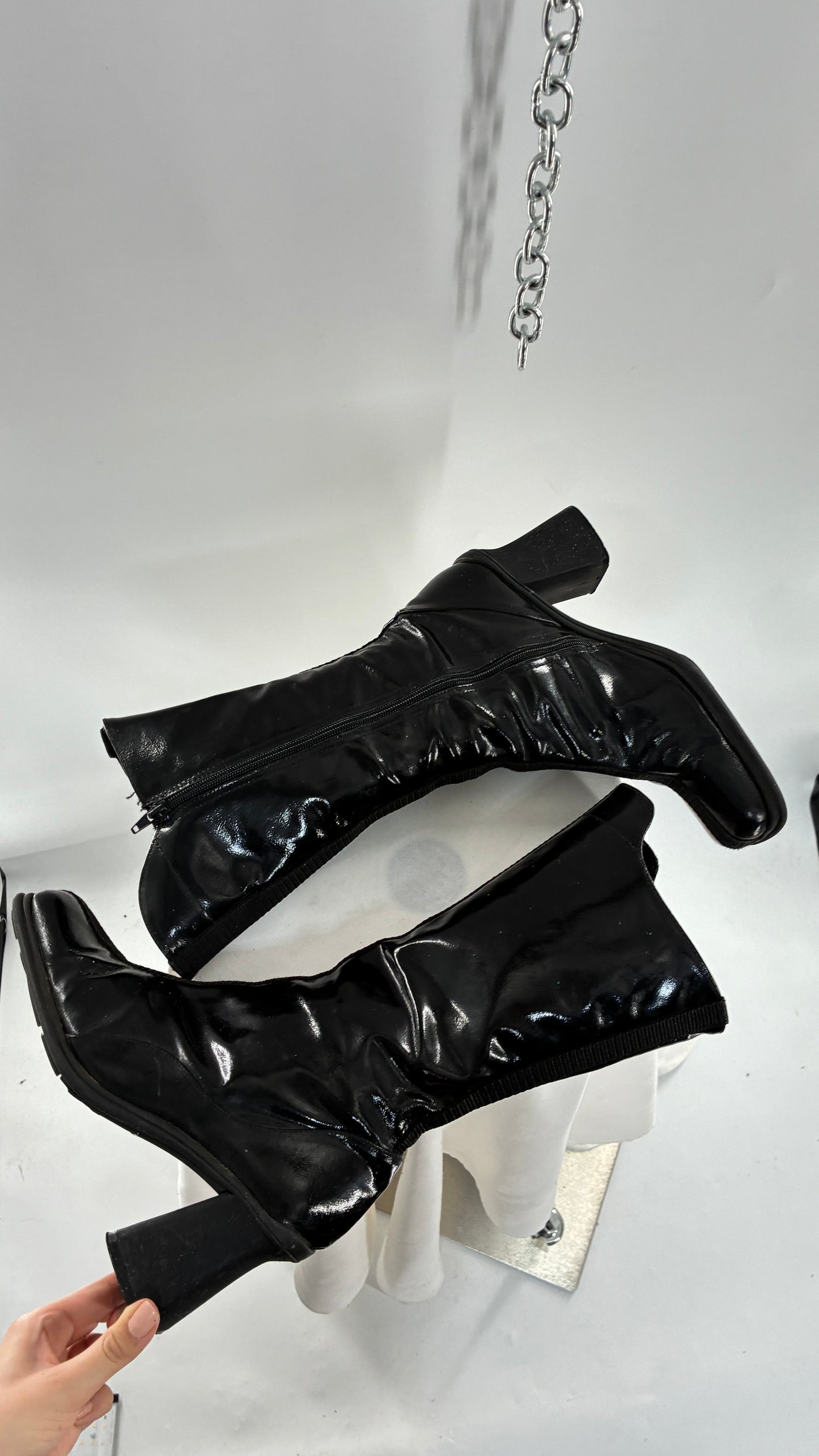 Vintage Black Patent Vinyl Boots with Square Toe and Block Heel with High, Low Calf (40)