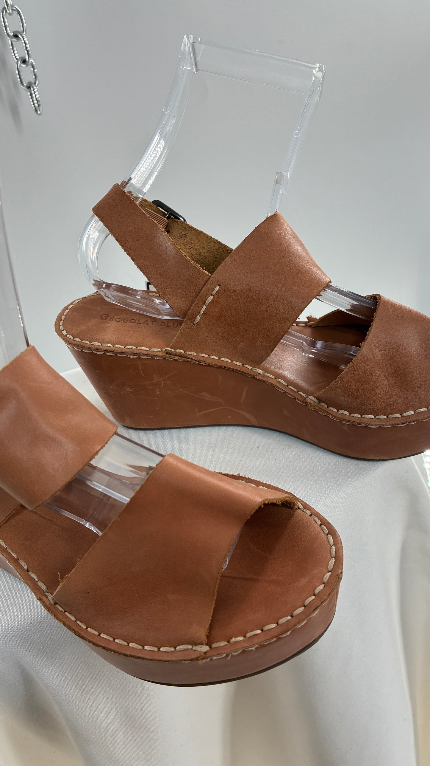 Chocolat Blu Tan Genuine Leather Wedge Platform Sandals (8.5)