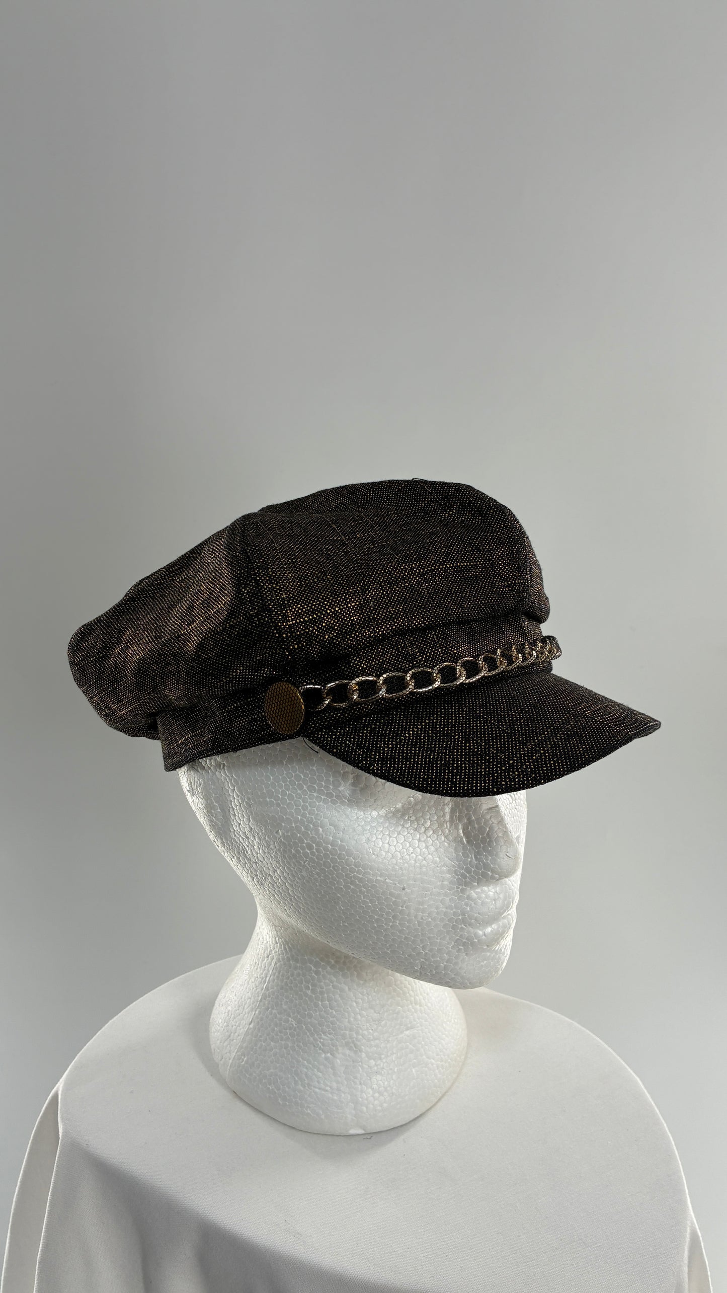 Vintage BADGLEY MISCHKA Metallic Bronze Newsboy Cap with Chain Detail