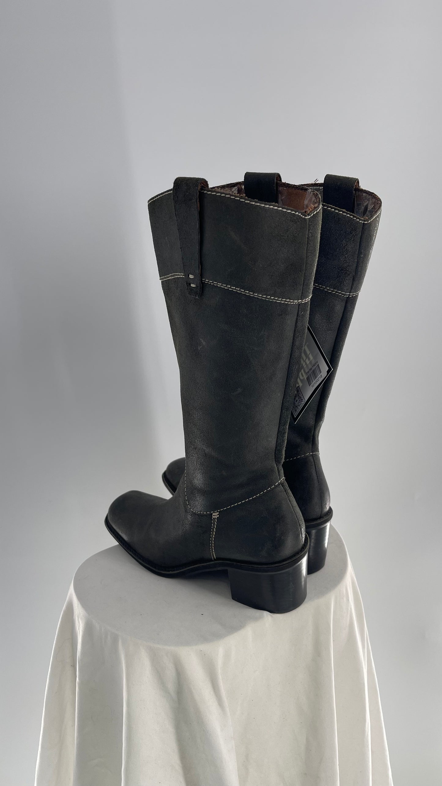 Vintage Nine West Dark Grey Leather Square Toe Heeled Knee High Boots (7.5)