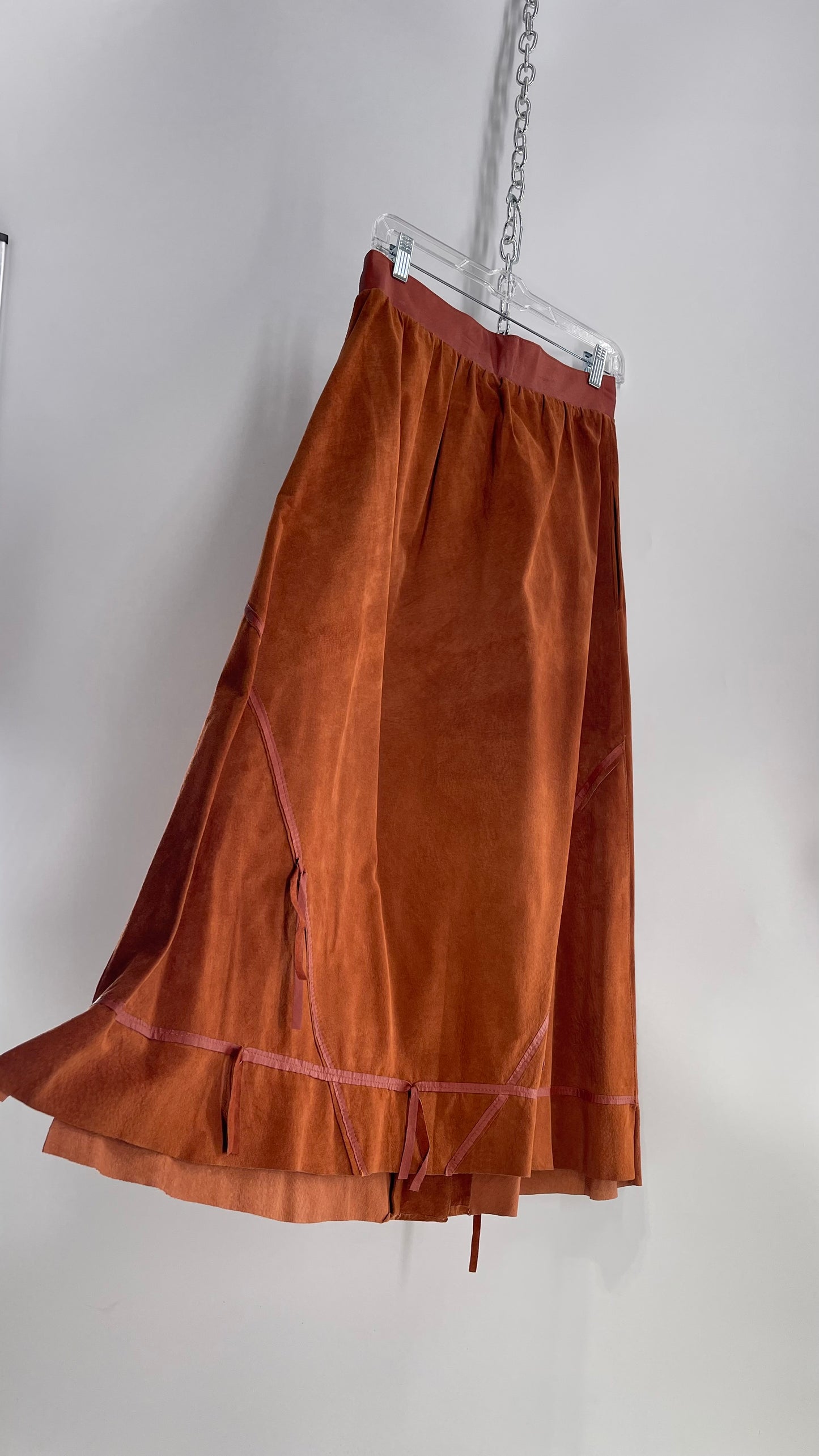 Vintage Toffs 1970s Burnt Orange Cognac Suede Leather Skirt with Tassels/Fringe and Oversized Metal Buttons (10)