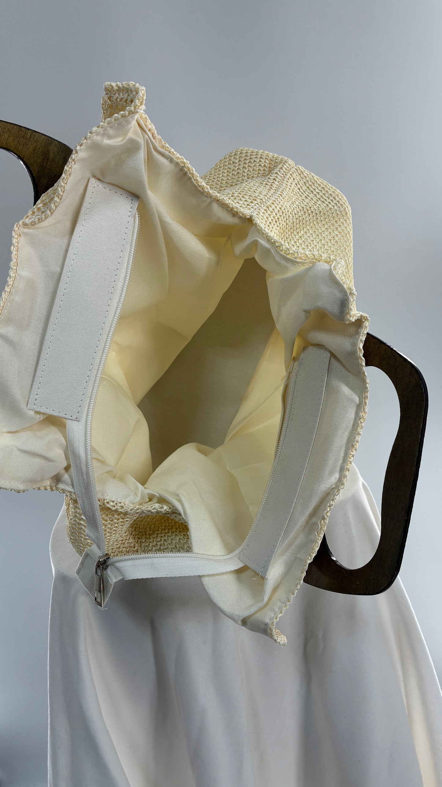Off White Woven Clutch Bag with Wooden Handle Detail