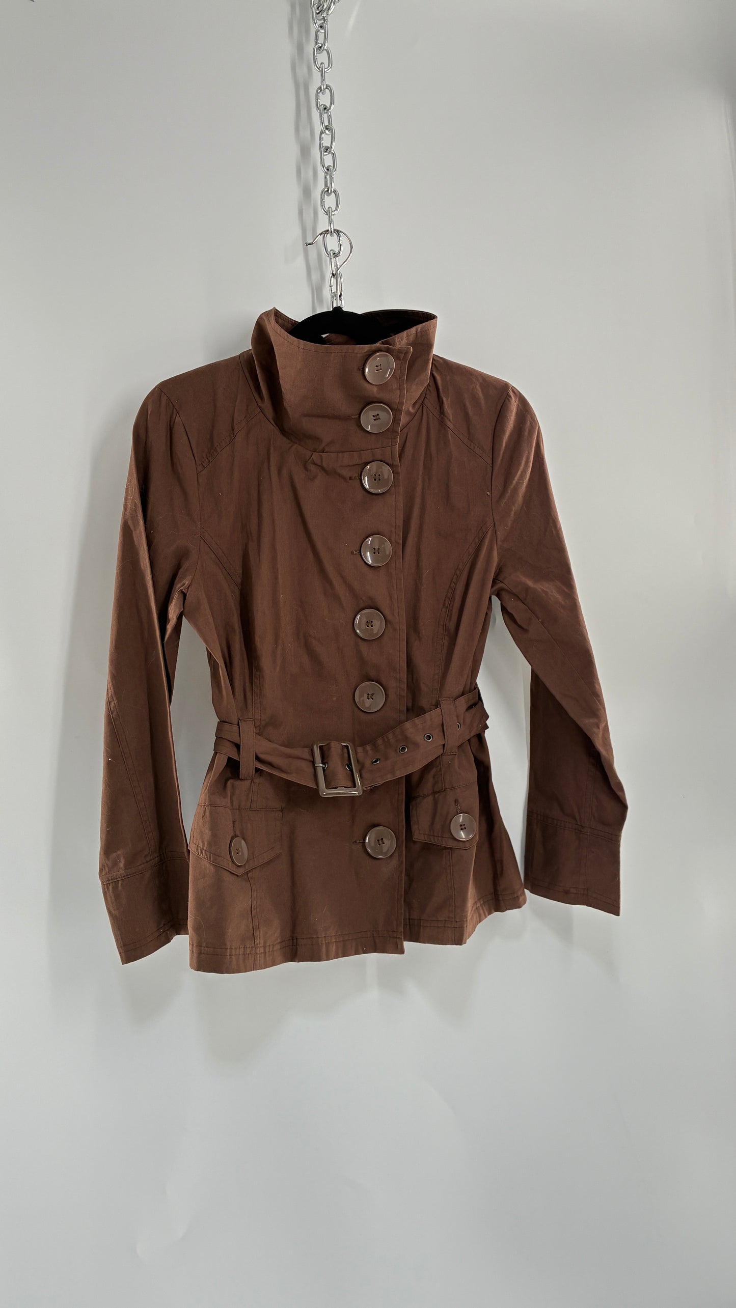 Vintage LAST KISS Brown Belted Trench Jacket with Pipe Neck and Oversized Buttons (Medium)