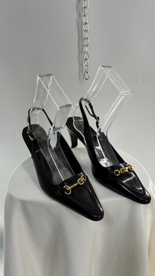 Vintage COACH Black Patent Leather Sling Back Kitten Heel with Brass Closure Detail (8.5)