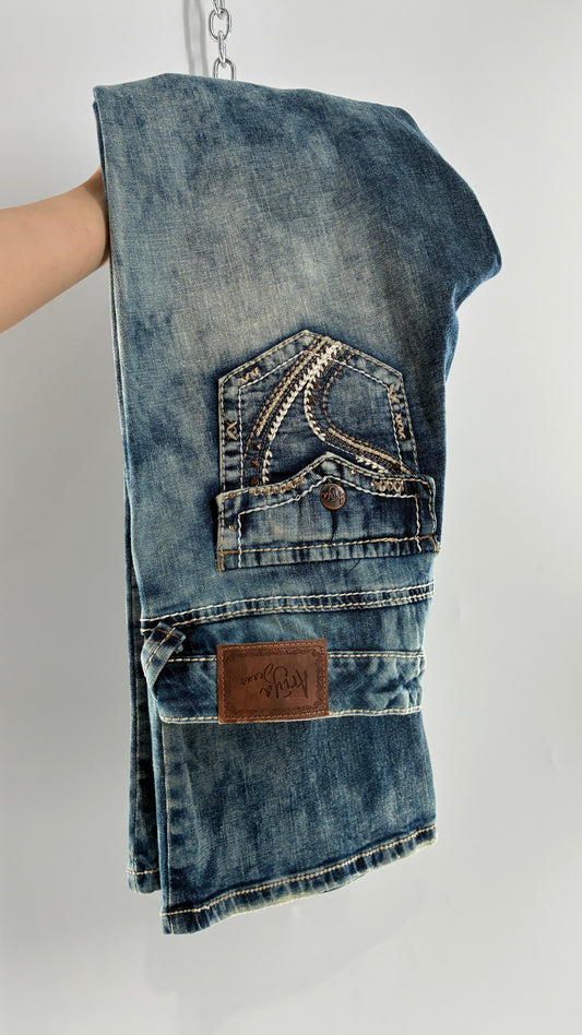Vintage ARIYA JEANS Acid Washed Kick Flares with Embroidered Pockets (15/16)