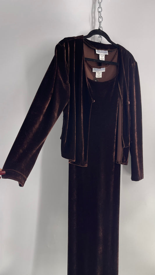 Vintage 1990s Jessica Howard Brown Velvet Sleeveless Dress and Cardigan (14)