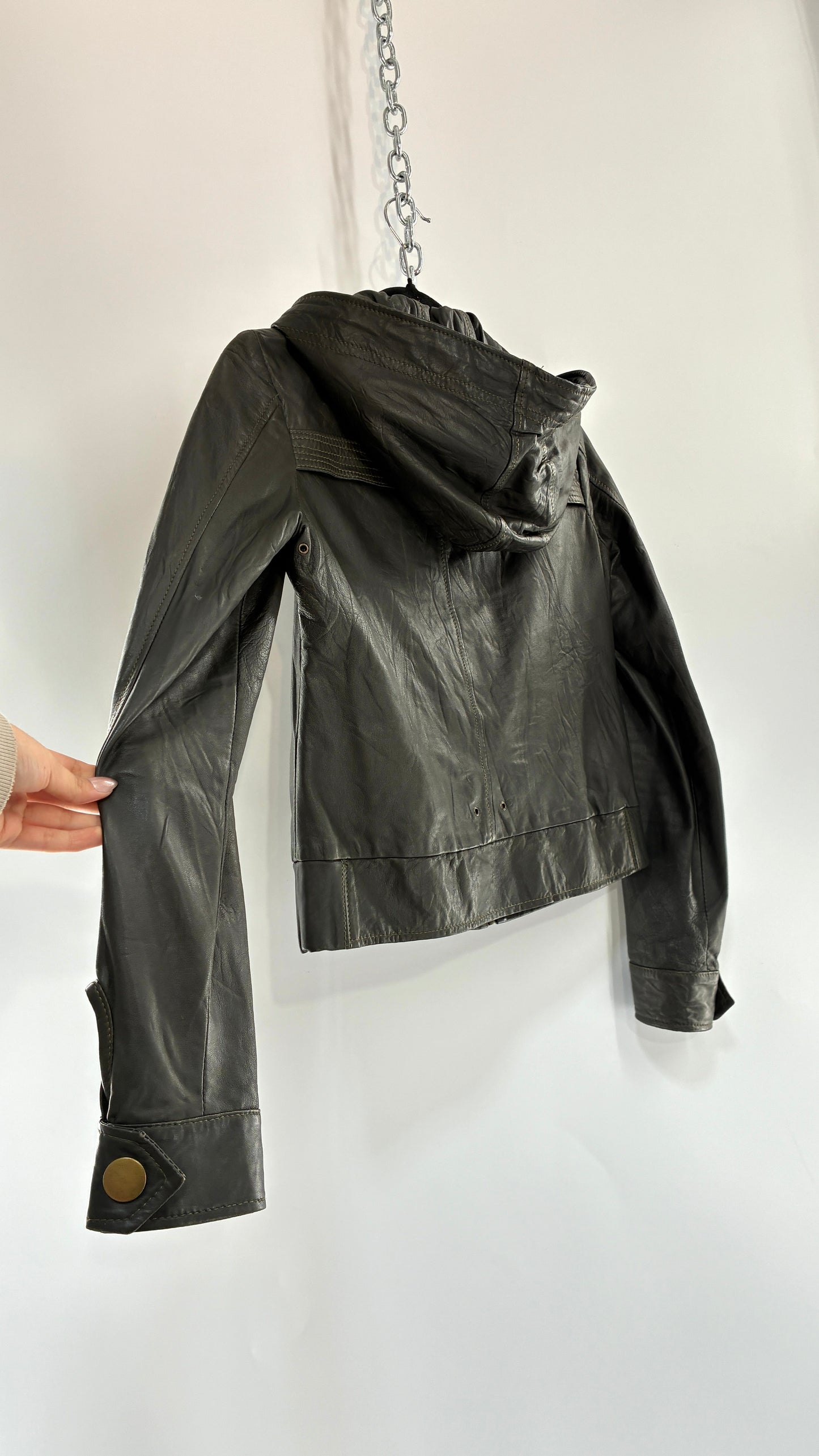 Vintage MIKE & CHRIS Grey Genuine Leather Hoodie Style Zip Front Jacket with Oversized Bronze Buttons and Contrast Stitching (XS)
