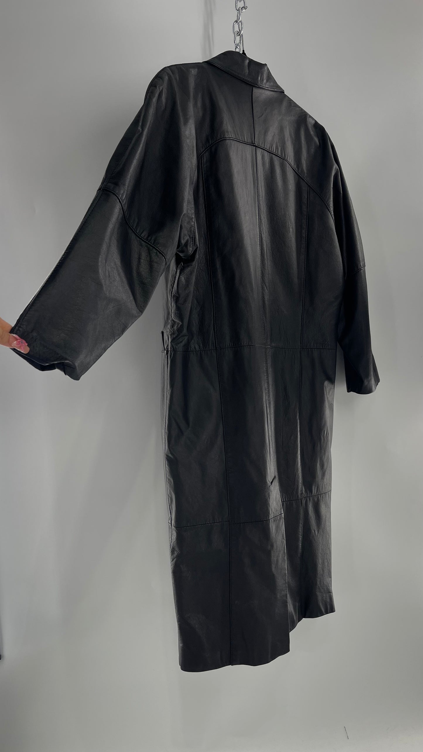 PELLE Vintage Black Leather Duster Coat (C) (Medium)