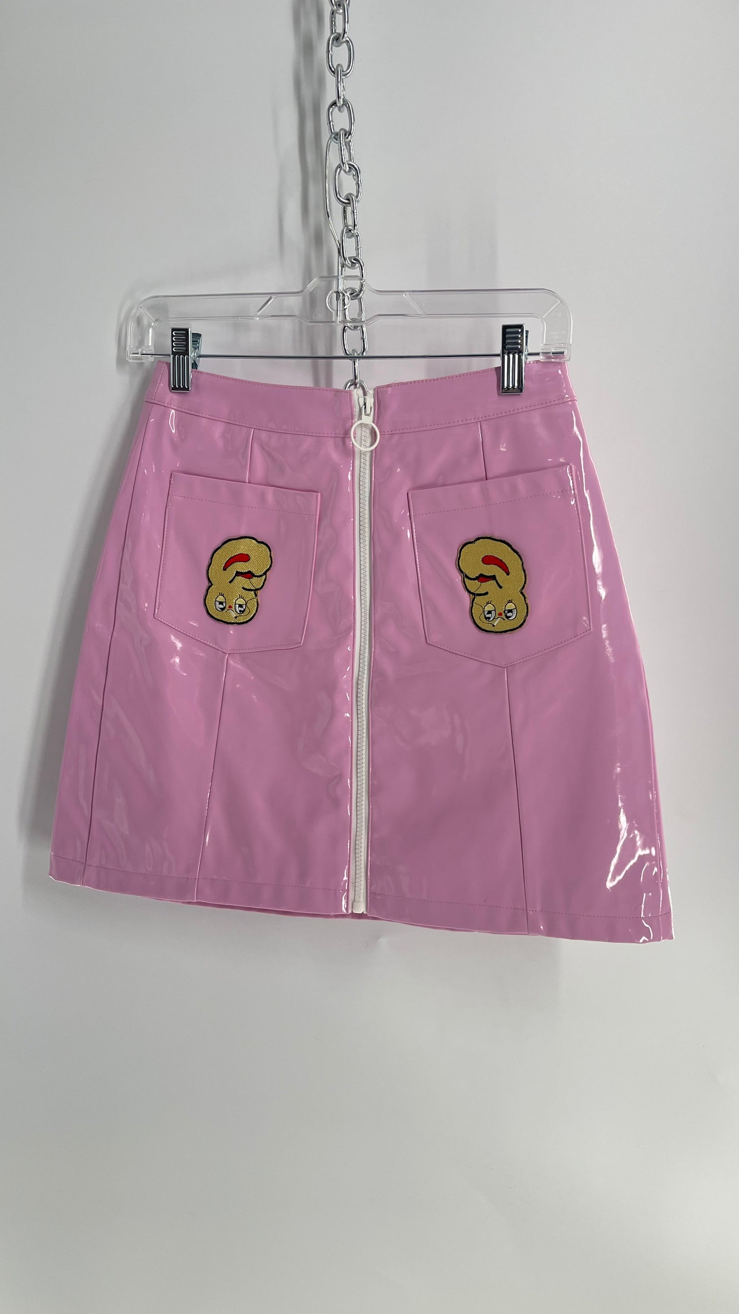 Lazy Oaf X Esther Bunny Pink Zip Front Mini Skirt with Smoking Bunny Embroidered Patches (26)