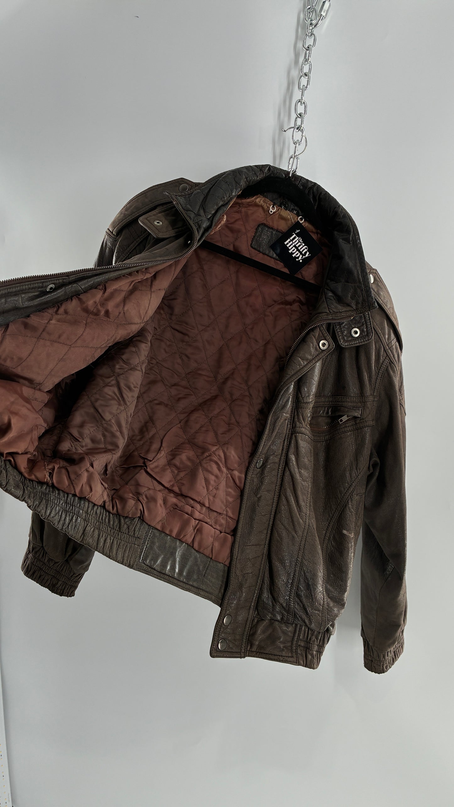 Vintage SAXONY Distressed Leather Bomber Jacket (Medium)